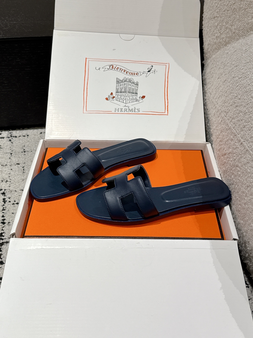 HERMES 00479 Hermes Blue Marine Oran Sandal Box Calfskin Leather Flat Shoes