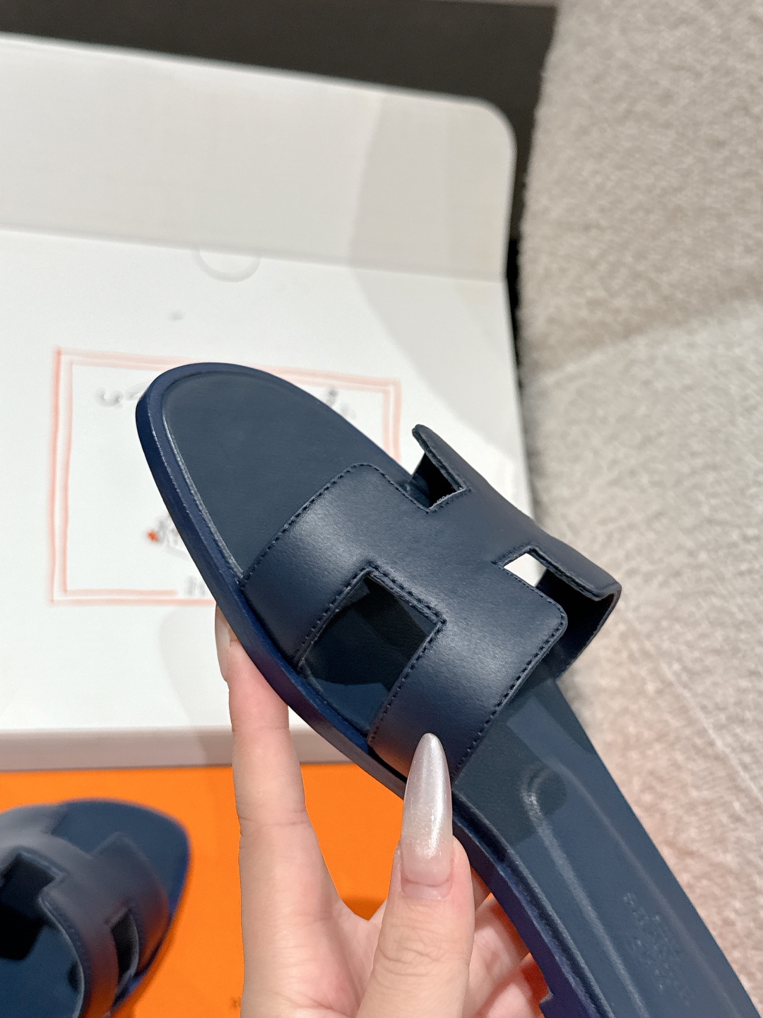 HERMES 00479 Hermes Blue Marine Oran Sandal Box Calfskin Leather Flat Shoes