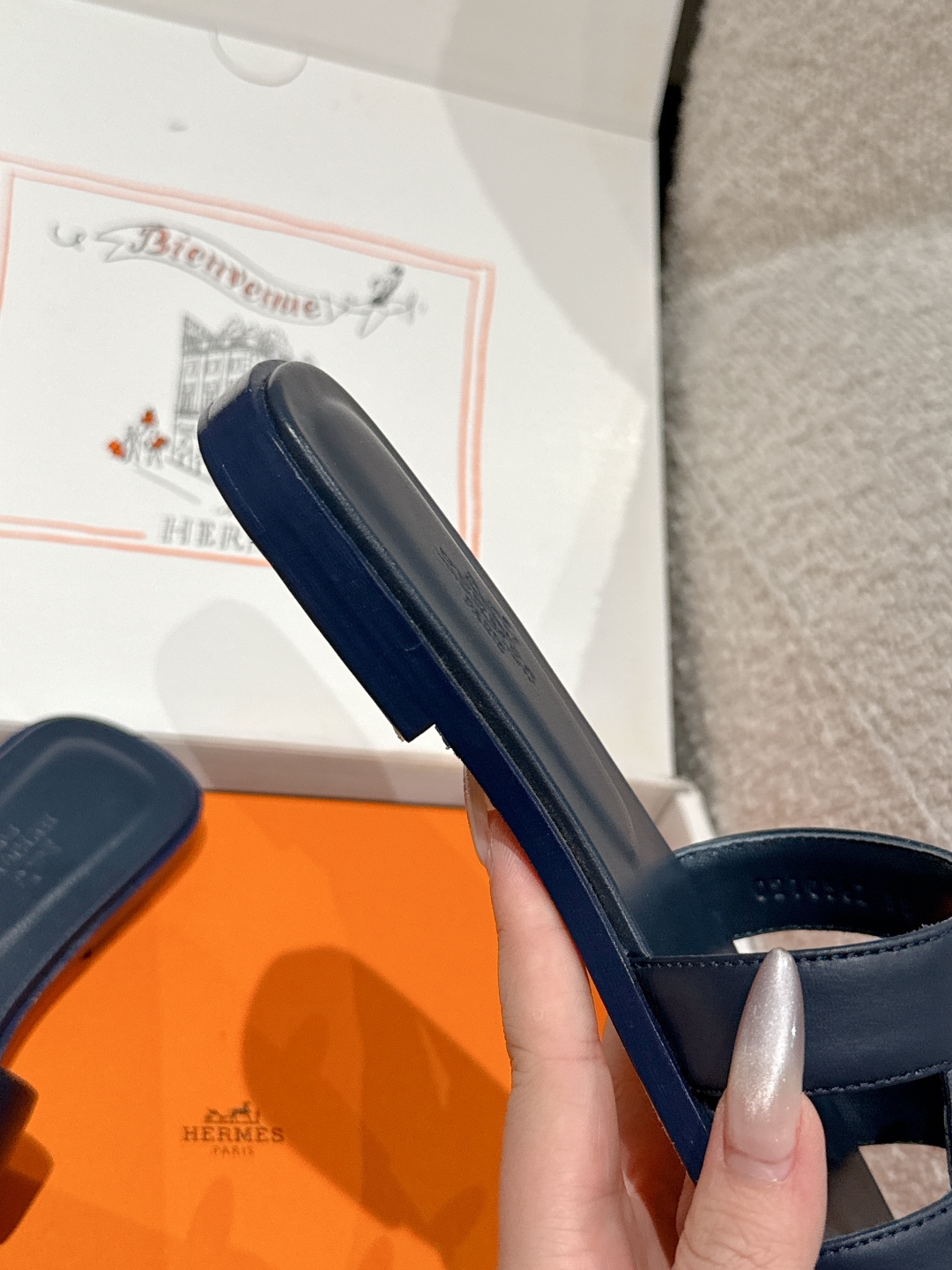 HERMES 00479 Hermes Blue Marine Oran Sandal Box Calfskin Leather Flat Shoes