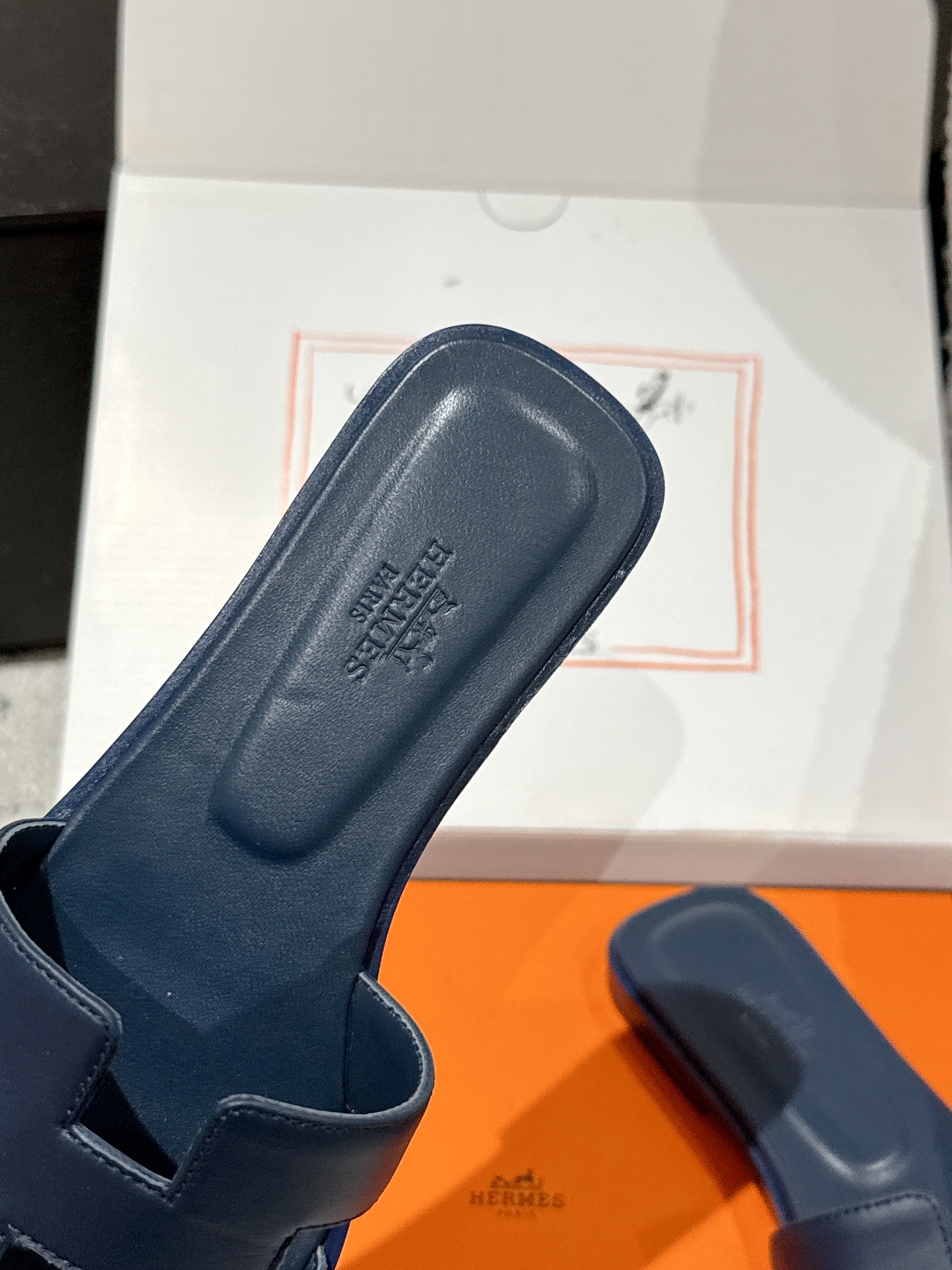 HERMES 00479 Hermes Blue Marine Oran Sandal Box Calfskin Leather Flat Shoes