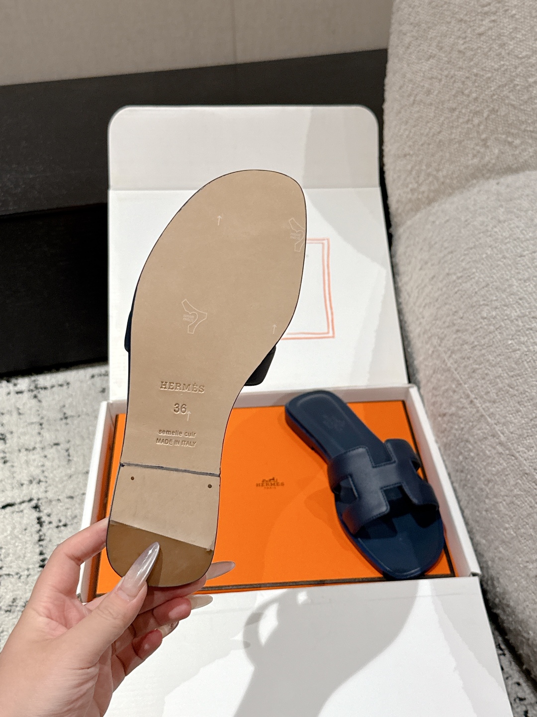HERMES 00479 Hermes Blue Marine Oran Sandal Box Calfskin Leather Flat Shoes