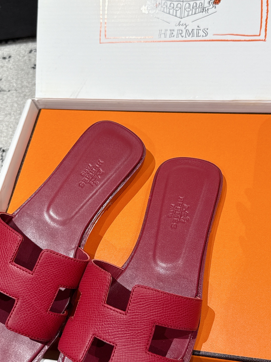 HERMES ORAN H SANDALS SLIPPERS Classic Epsom Rose Magenta red Pink
