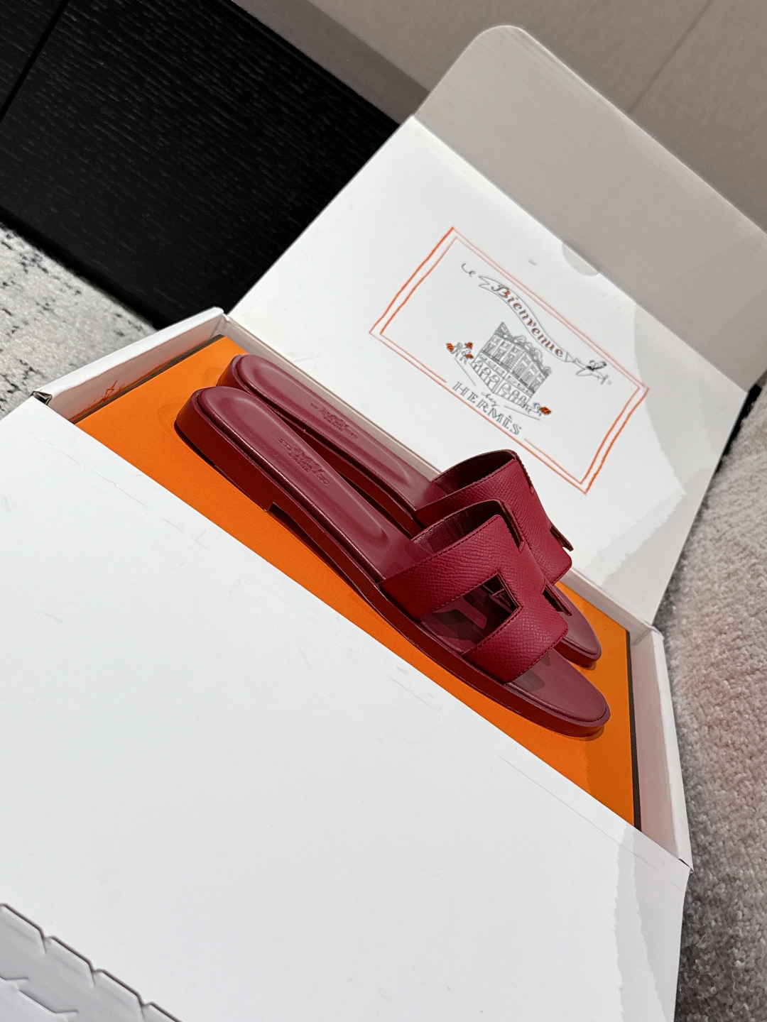 HERMES ORAN H SANDALS SLIPPERS Classic Epsom Rose Magenta red Pink