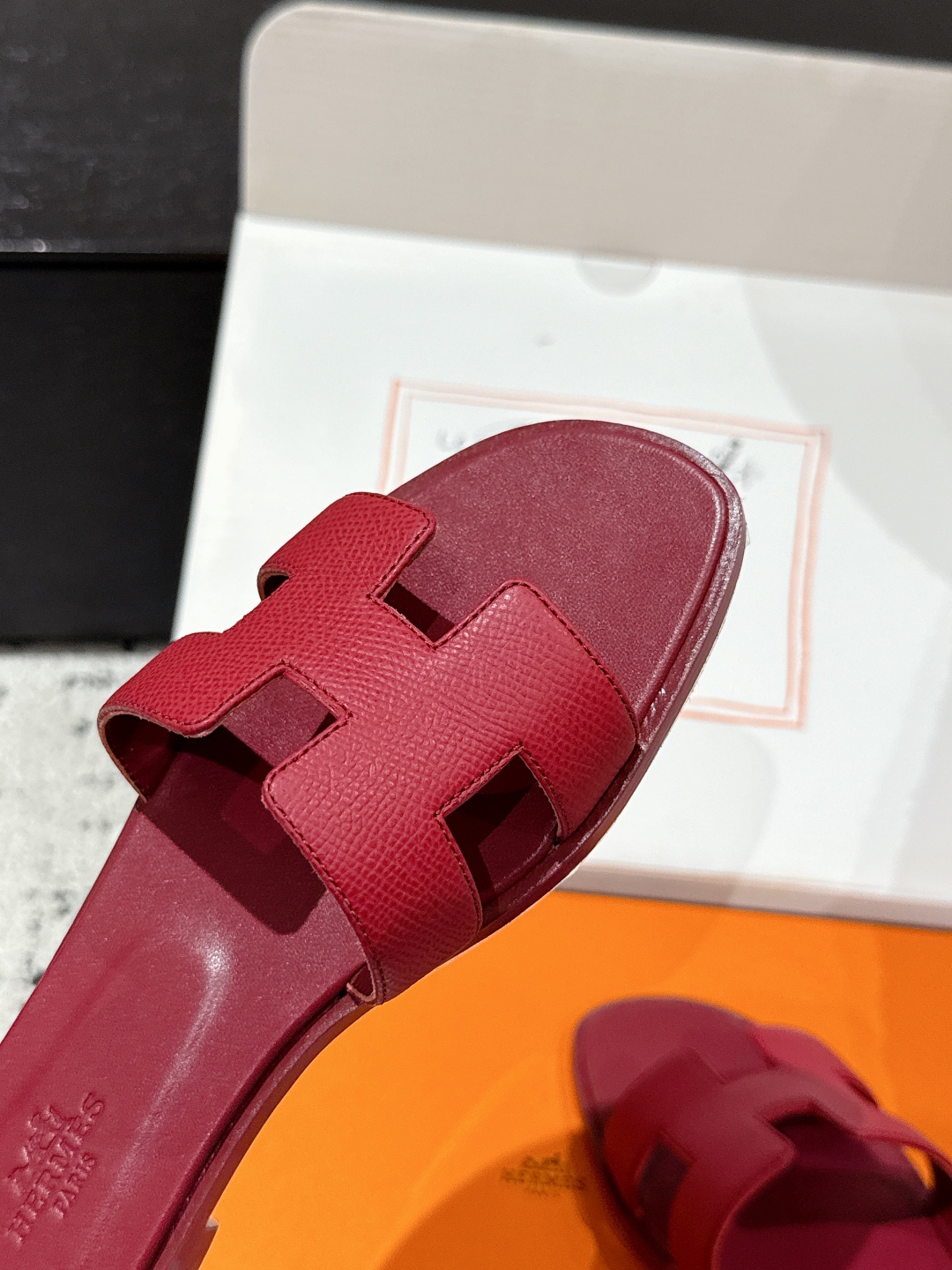 HERMES ORAN H SANDALS SLIPPERS Classic Epsom Rose Magenta red Pink