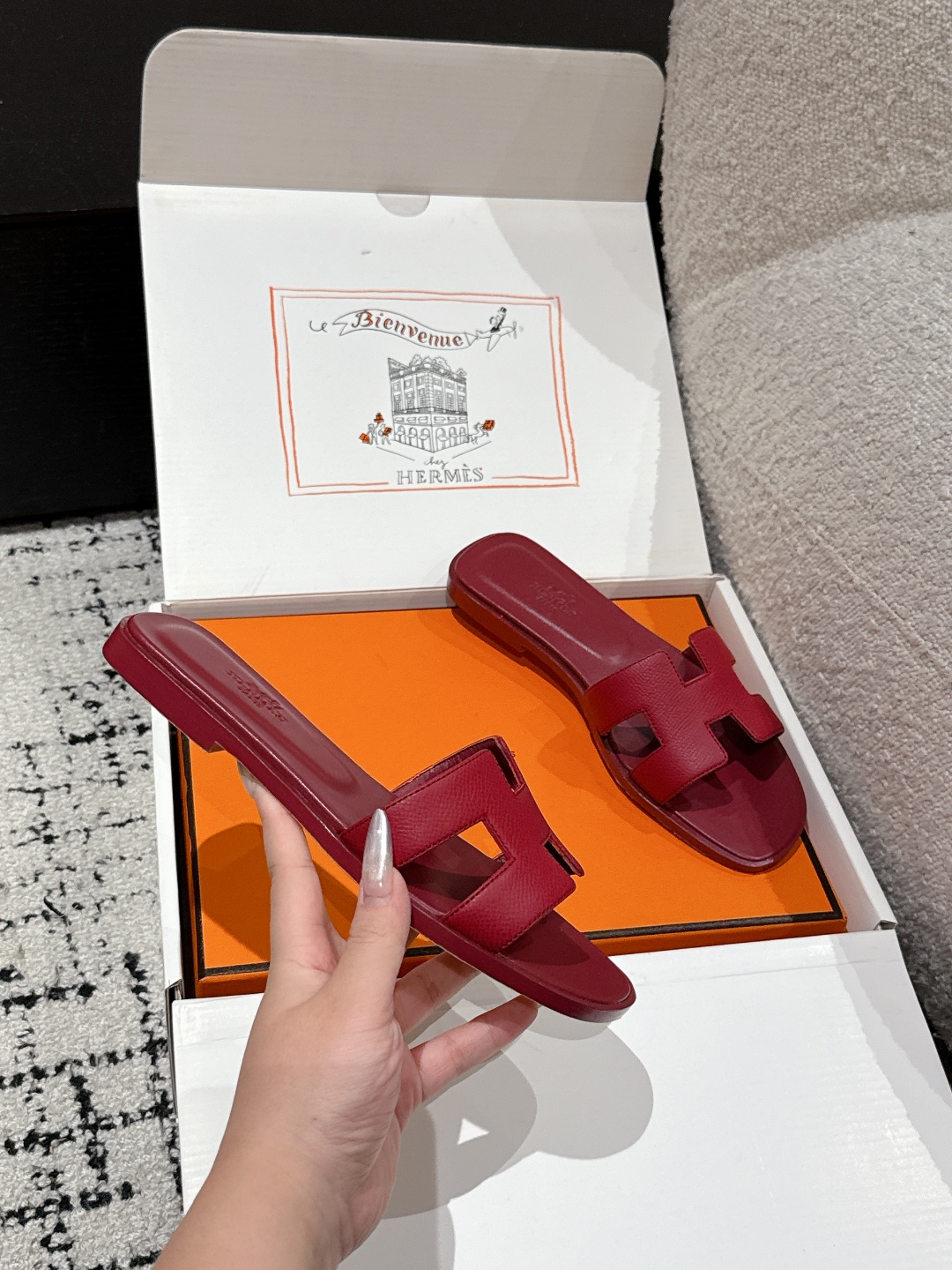 HERMES ORAN H SANDALS SLIPPERS Classic Epsom Rose Magenta red Pink