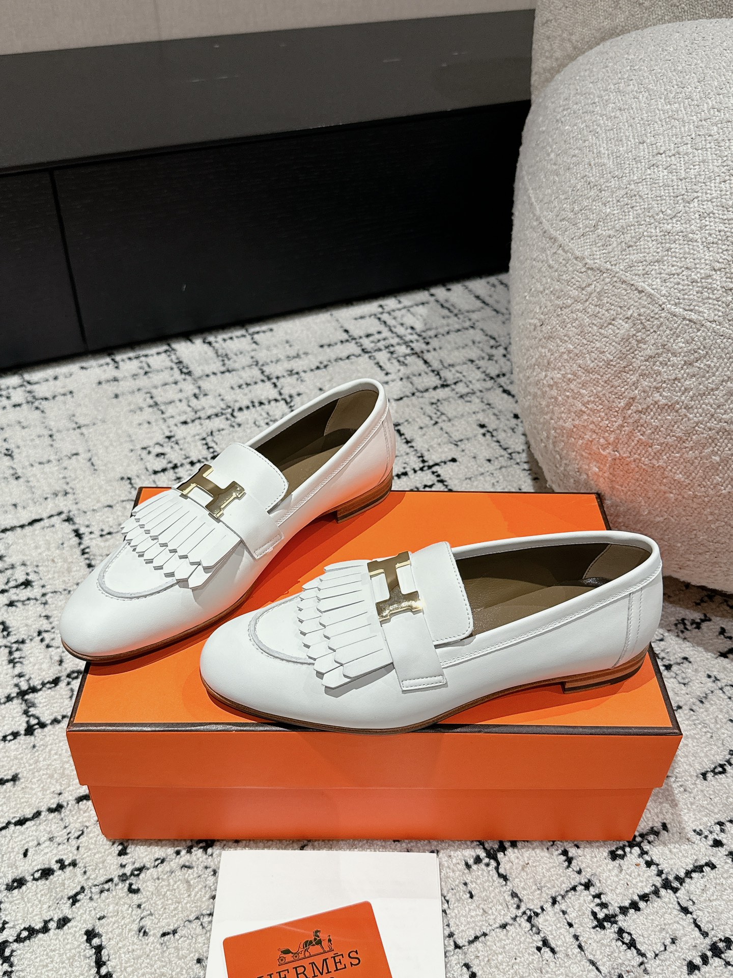 Women’s White Leather Hermes Tassel Loafers with Gold H Logo,