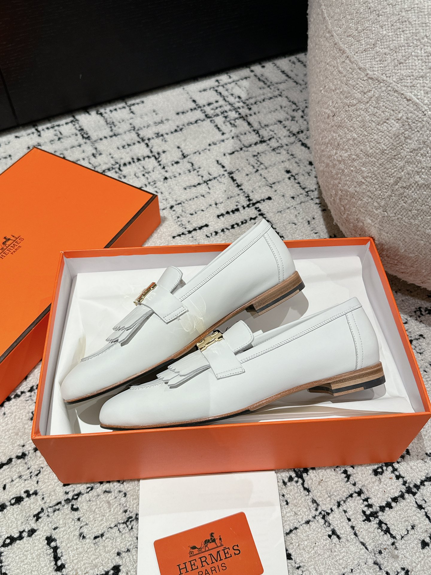 Women's White Leather Hermes Tassel Loafers with Gold H Logo,