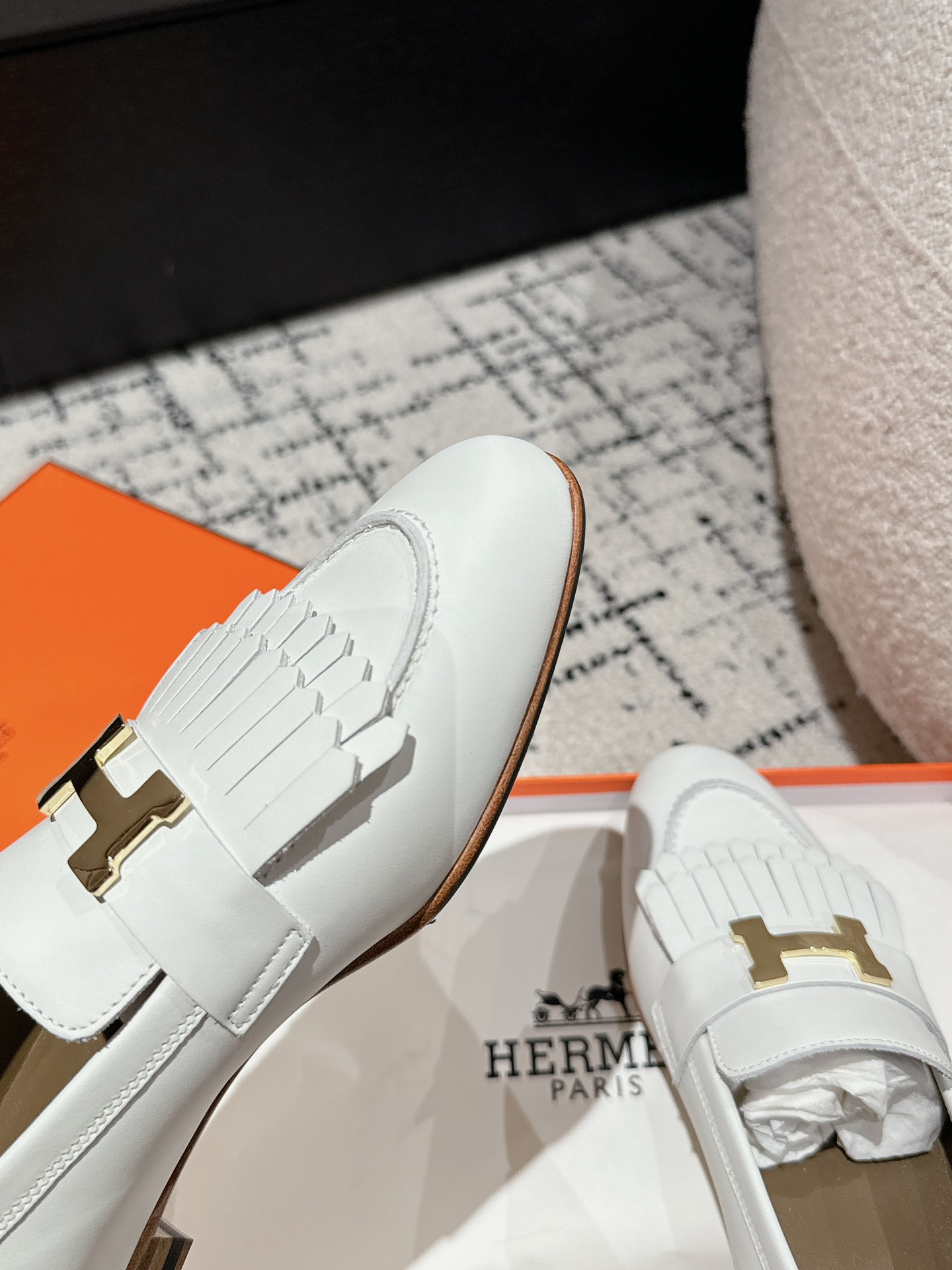 Women's White Leather Hermes Tassel Loafers with Gold H Logo,