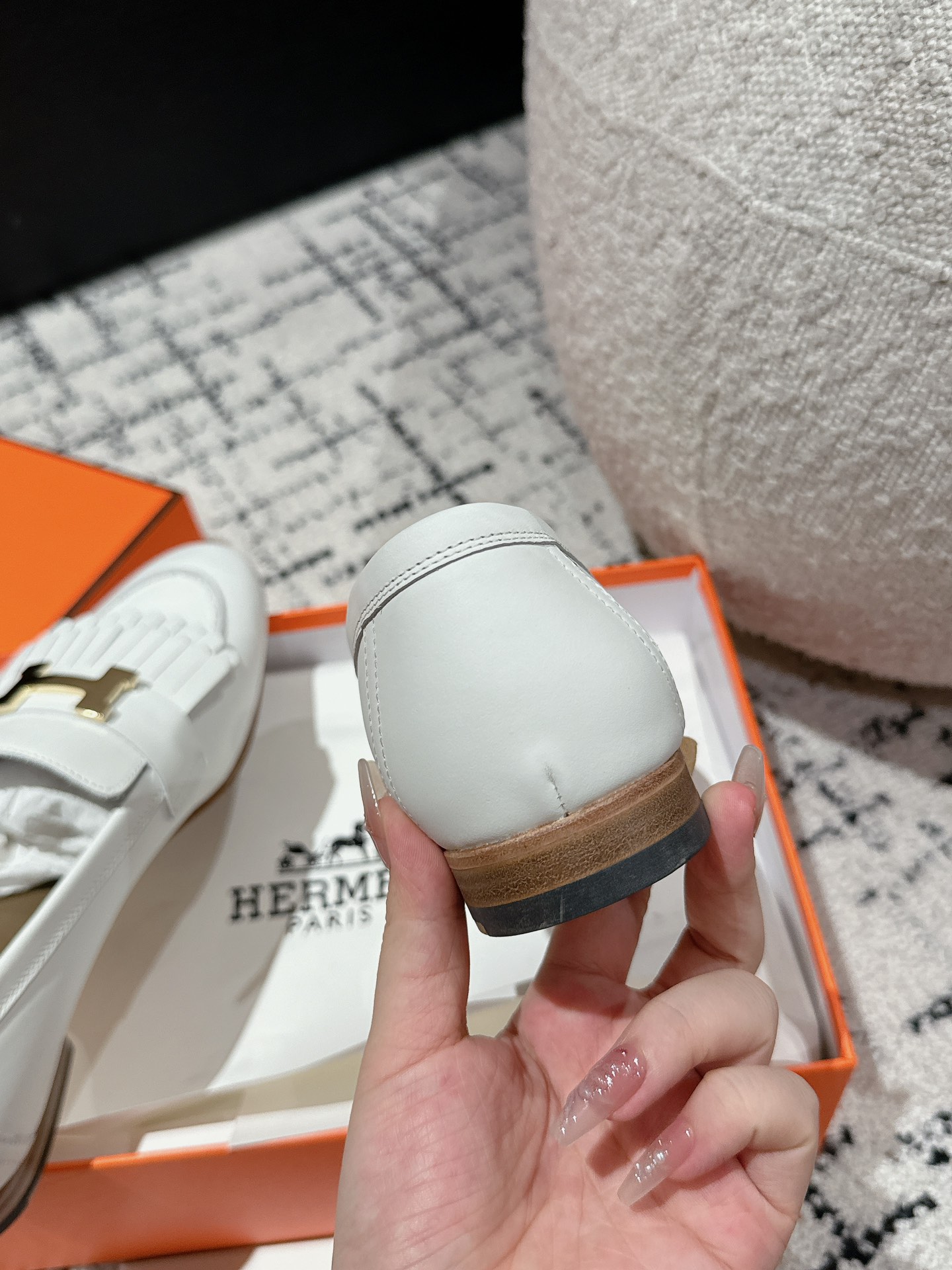 Women's White Leather Hermes Tassel Loafers with Gold H Logo,