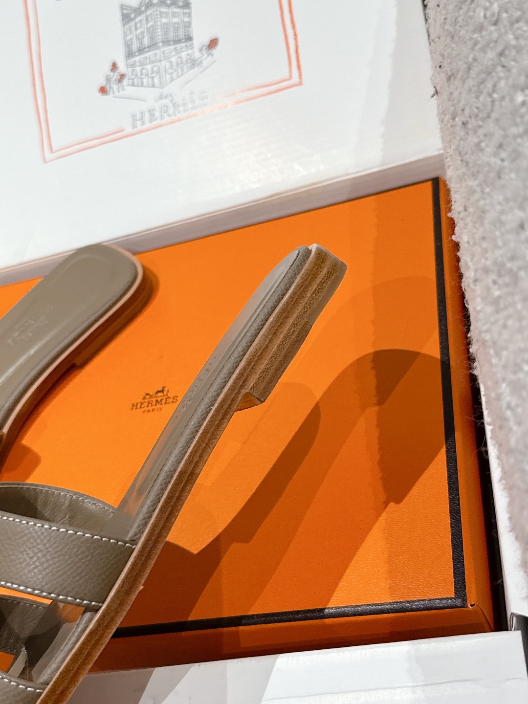 HERMES ORAN H SANDALS SLIPPERS Classic Epsom Etoupe Gray