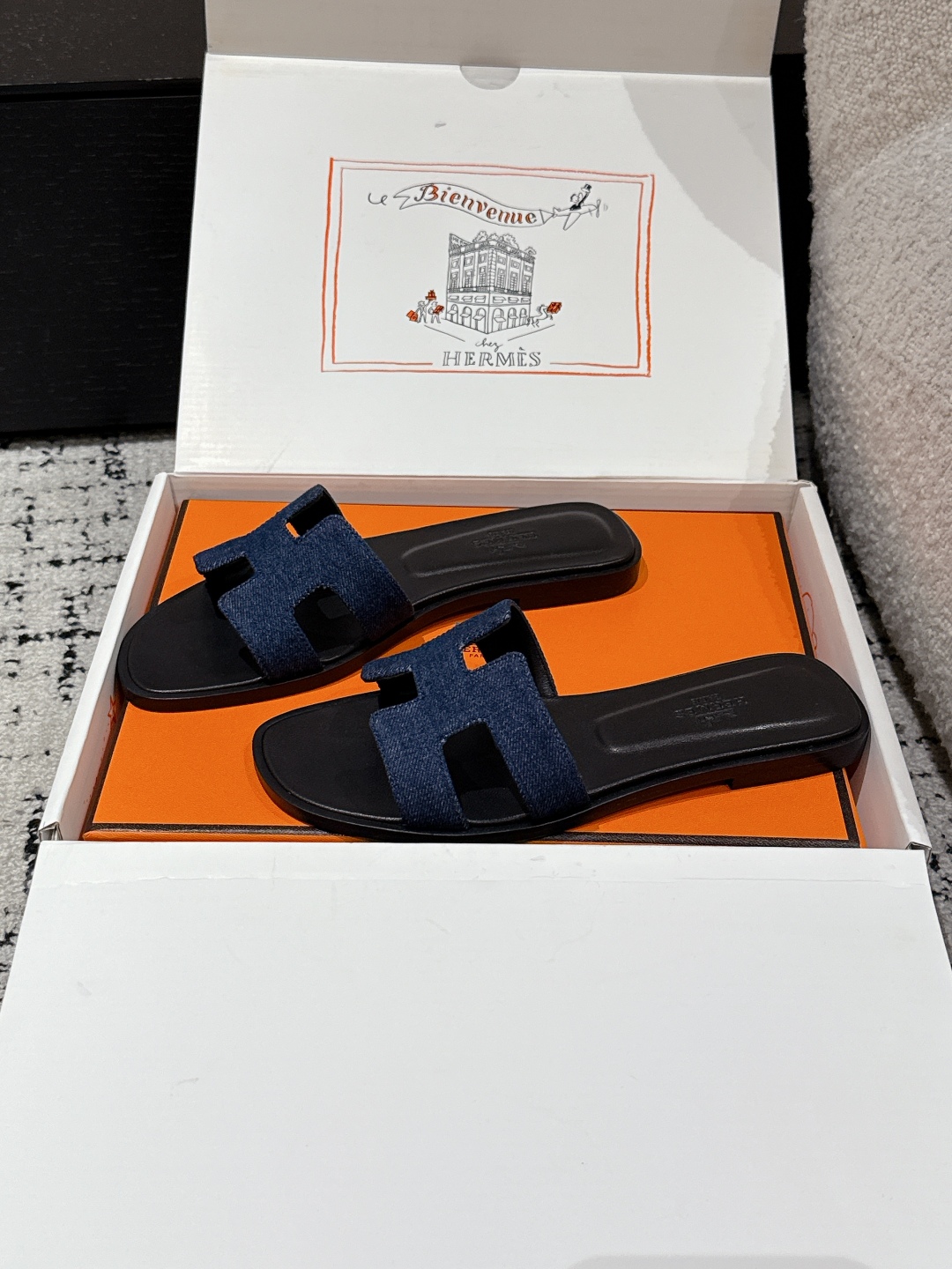 HERMES Denim Canvas Oran Sandals  Bleu Brut 166183