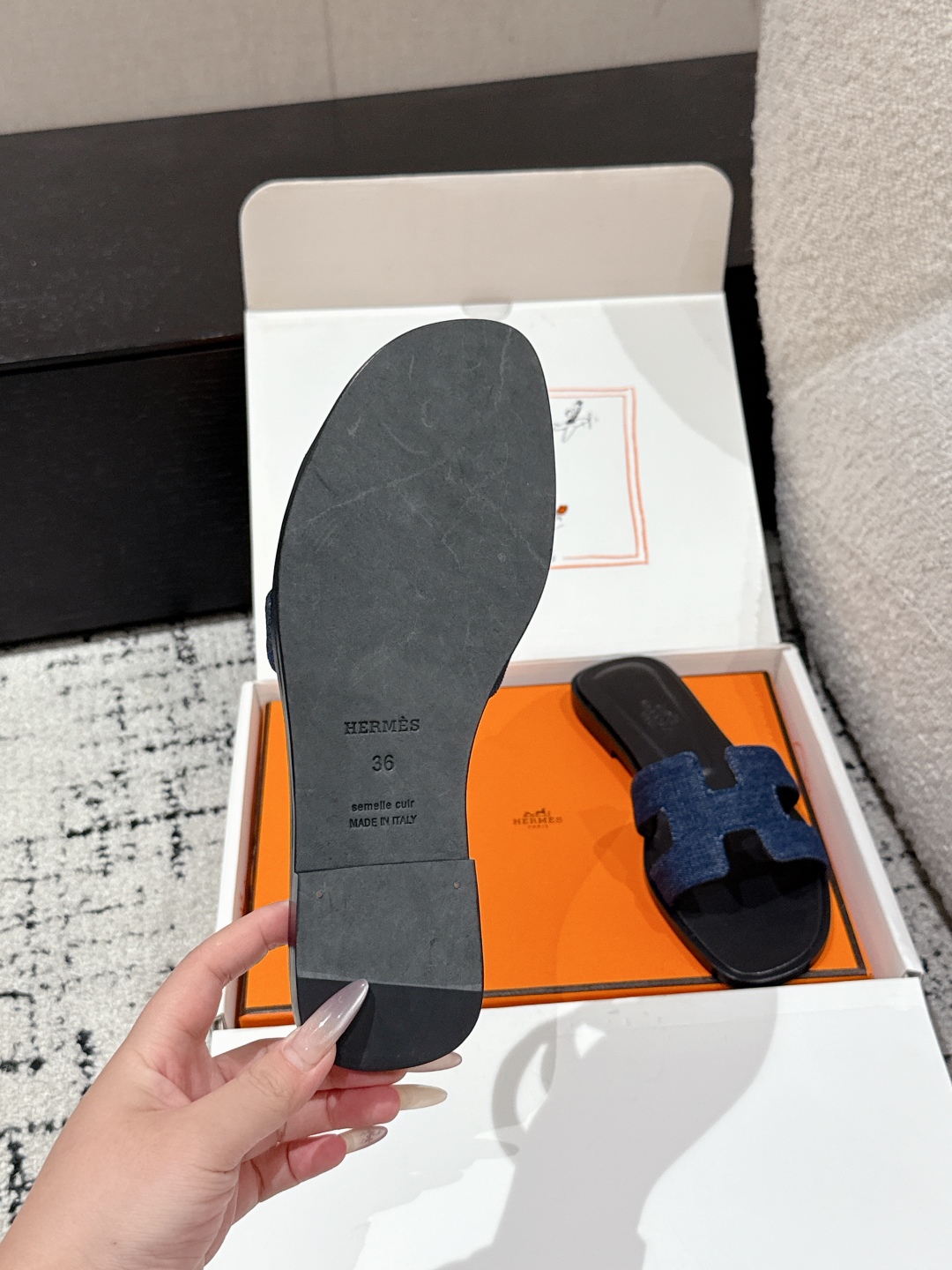 HERMES Denim Canvas Oran Sandals  Bleu Brut 166183