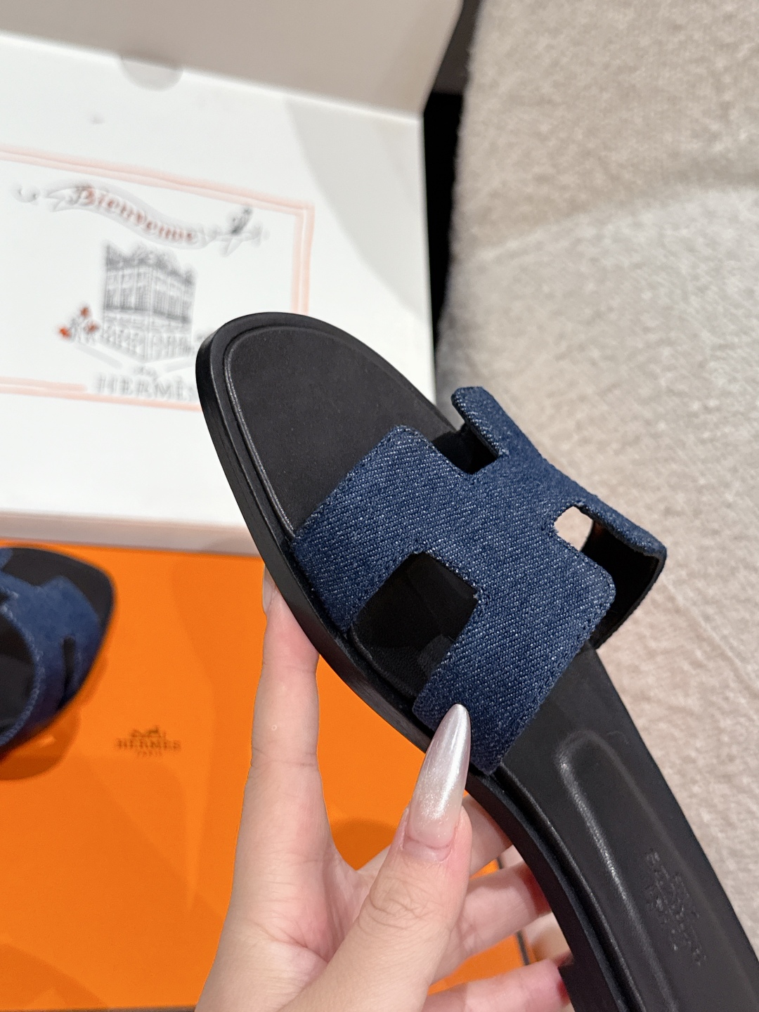 HERMES Denim Canvas Oran Sandals  Bleu Brut 166183