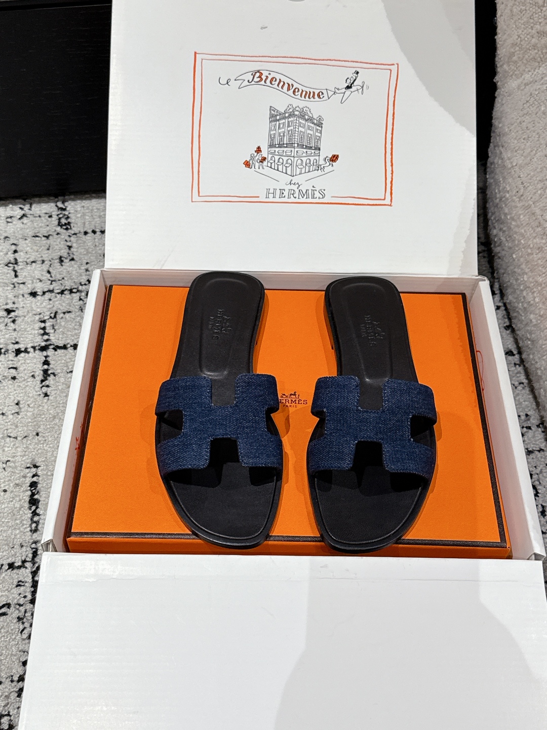 HERMES Denim Canvas Oran Sandals  Bleu Brut 166183