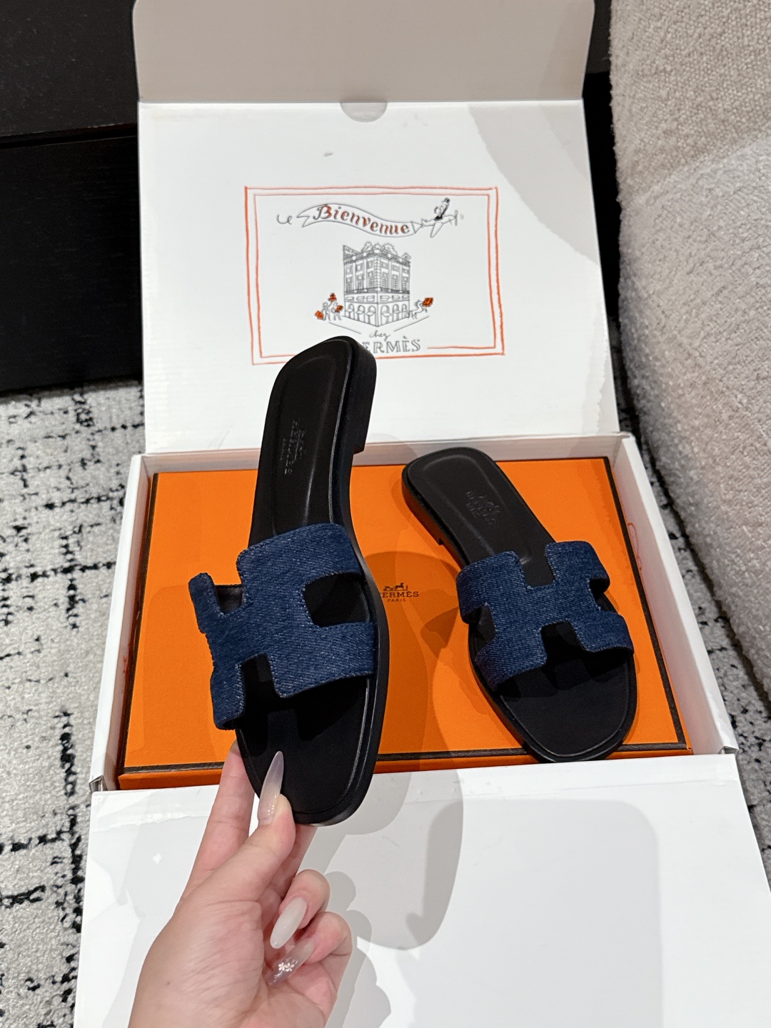 HERMES Denim Canvas Oran Sandals  Bleu Brut 166183