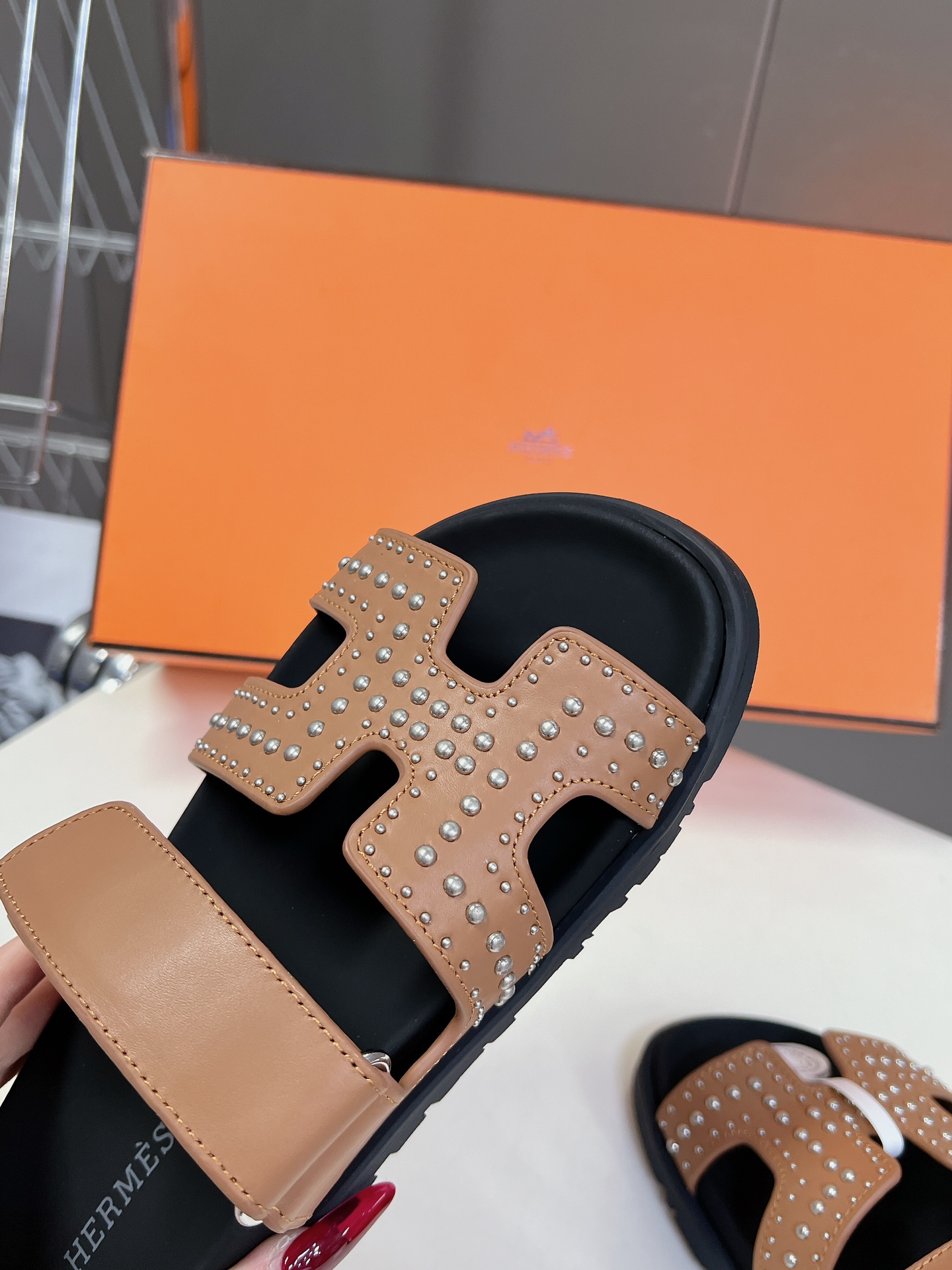 Hermès Chypre Techno Sandals Naturel Studded Calfskin Palladium Hardware