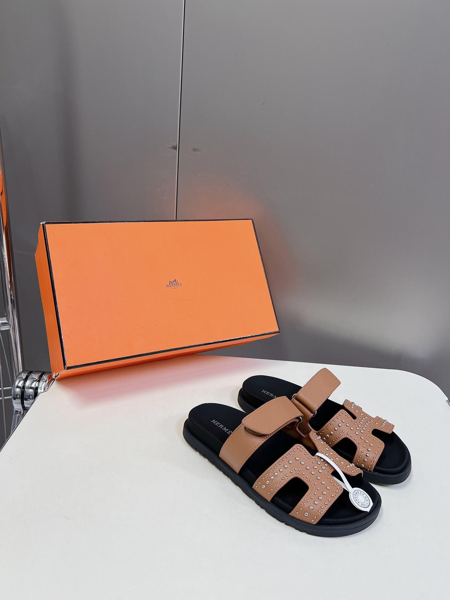 Hermès Chypre Techno Sandals Naturel Studded Calfskin Palladium Hardware