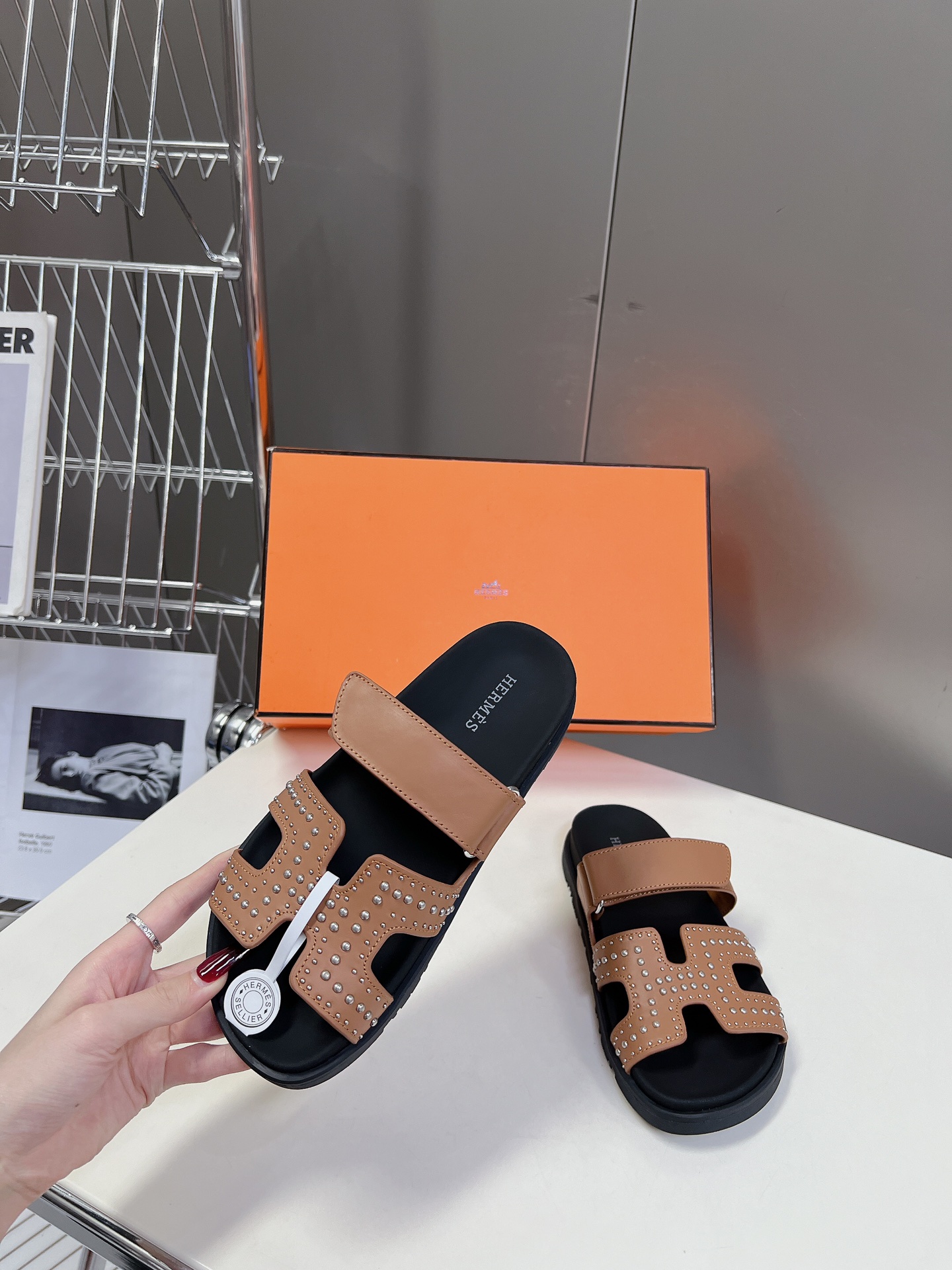Hermès Chypre Techno Sandals Naturel Studded Calfskin Palladium Hardware