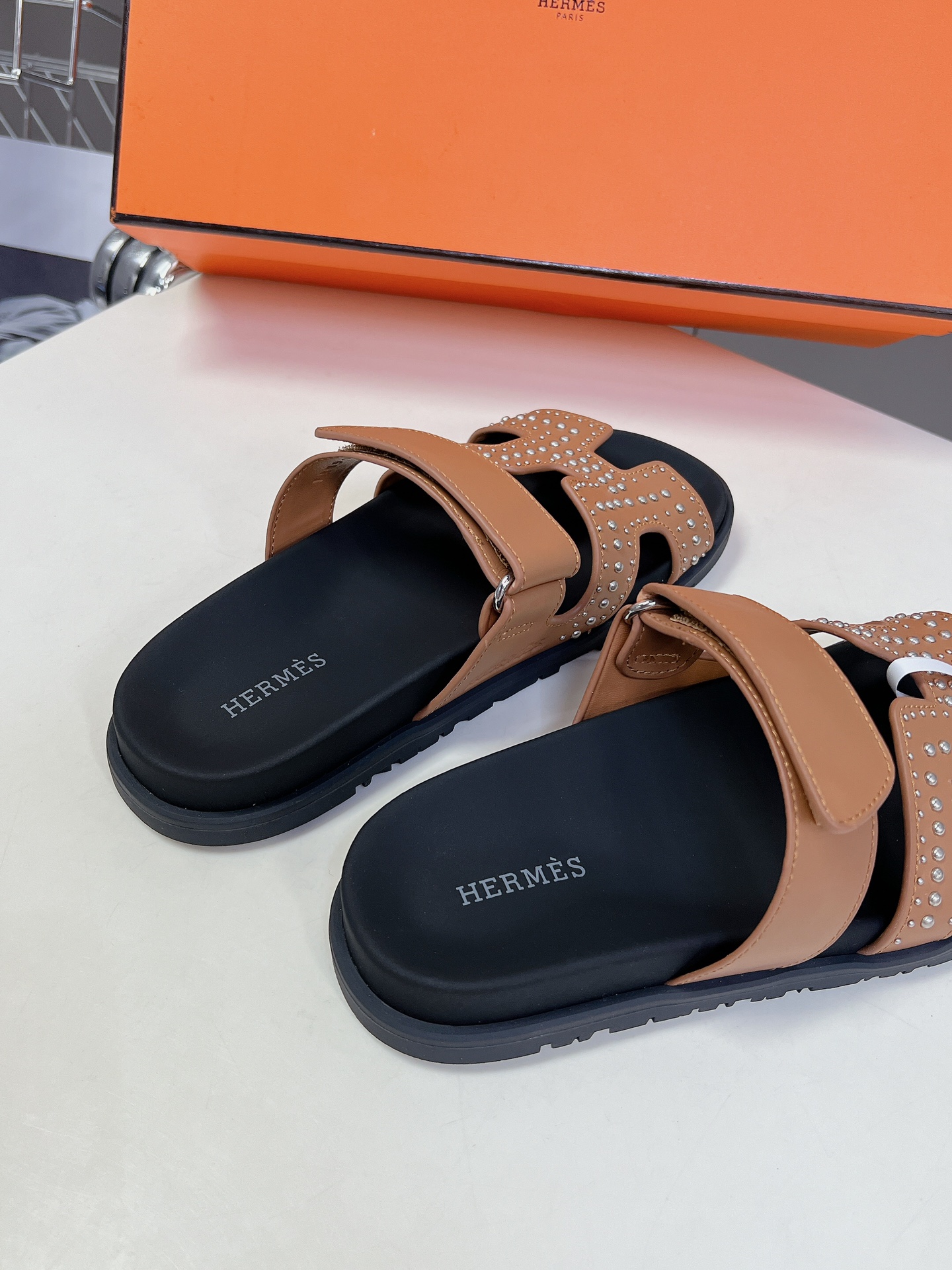 Hermès Chypre Techno Sandals Naturel Studded Calfskin Palladium Hardware