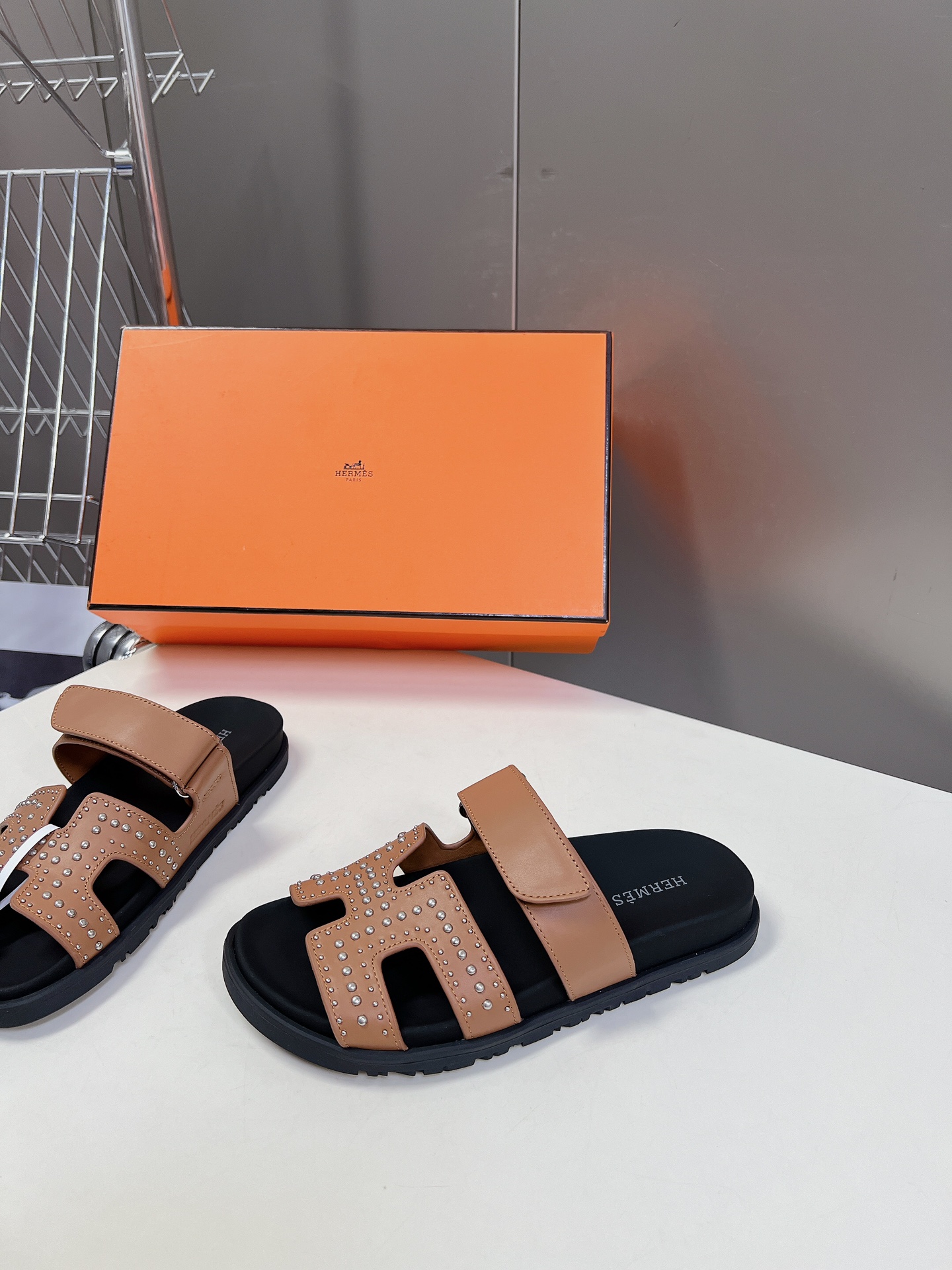 Hermès Chypre Techno Sandals Naturel Studded Calfskin Palladium Hardware