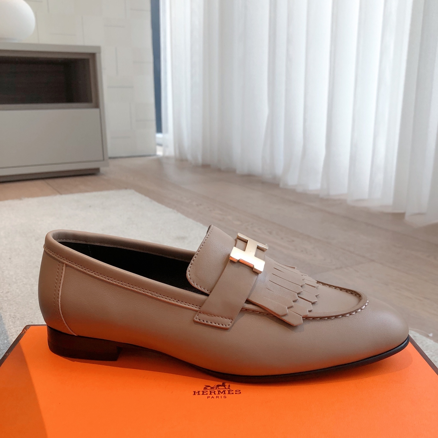 Hermes  Goatskin Womens Royal Loafers Beige Argile Sold Out
