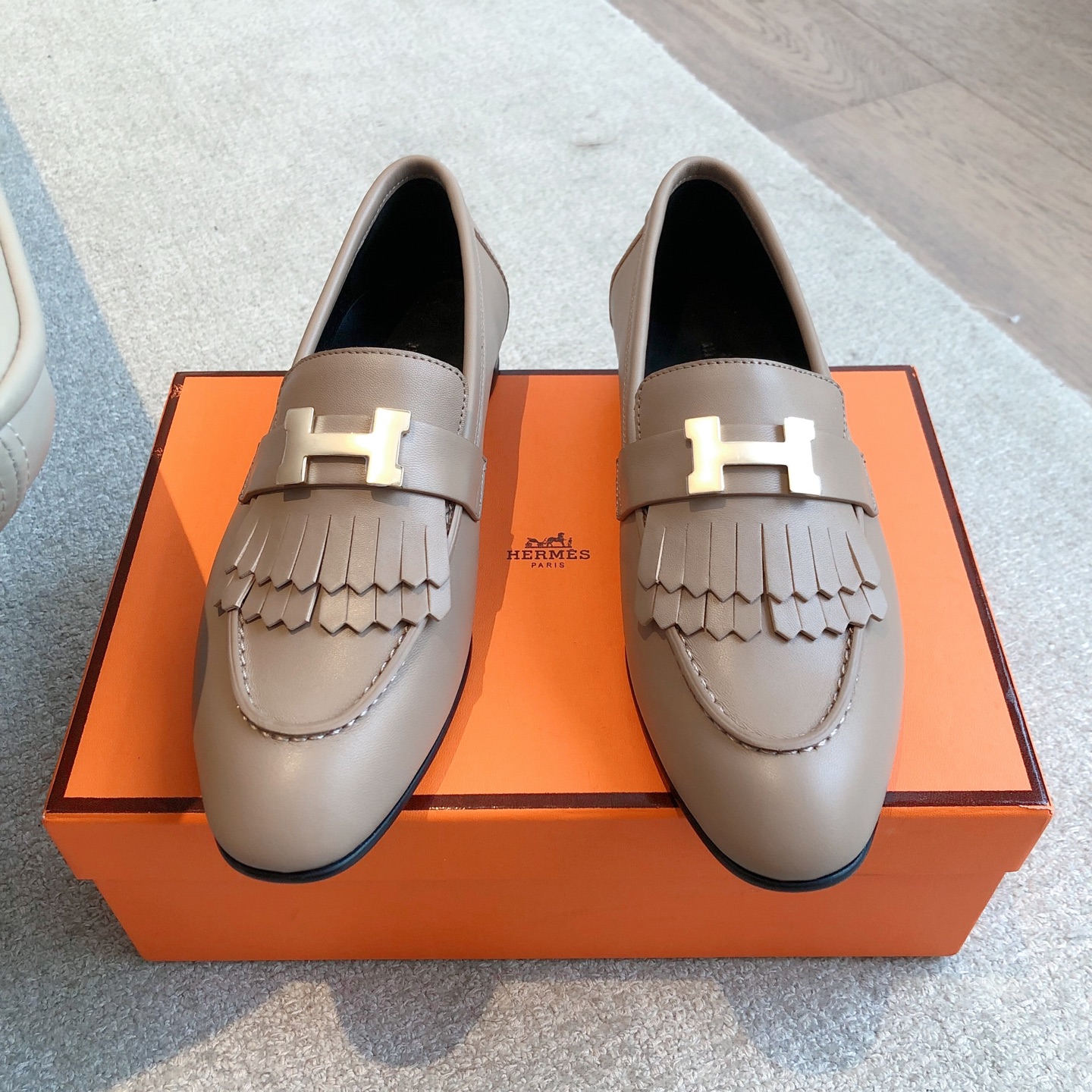 Hermes  Goatskin Womens Royal Loafers Beige Argile Sold Out