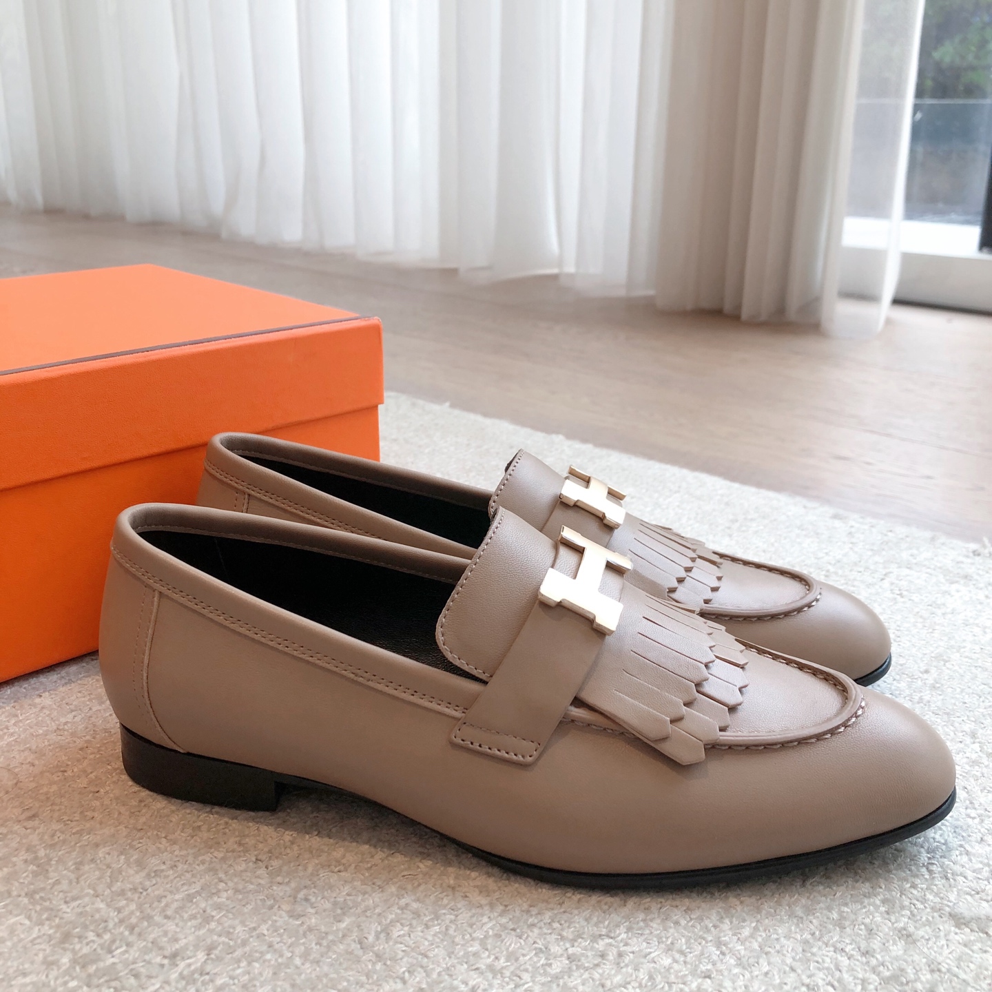 Hermes  Goatskin Womens Royal Loafers Beige Argile Sold Out