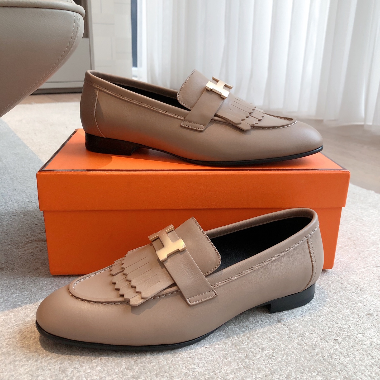 Hermes  Goatskin Womens Royal Loafers Beige Argile Sold Out