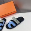 Hermes Chypre Sandal Blue Cameo Vert Celadon Green Strap Slide Slip On Flat