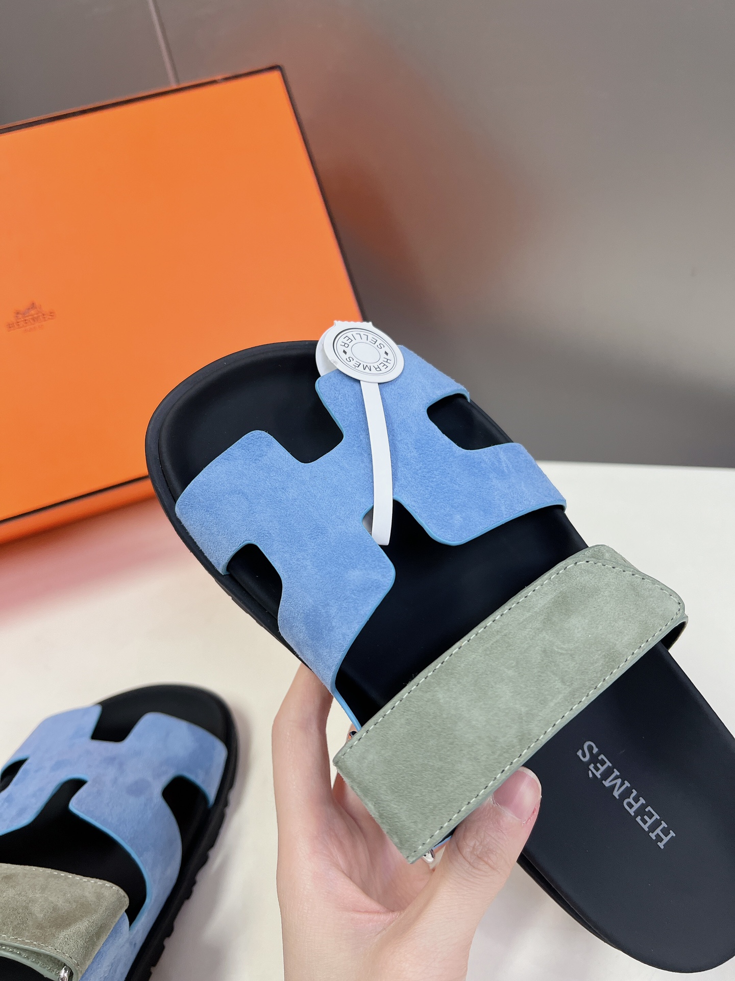 Hermes Chypre Sandal Blue Cameo Vert Celadon Green Strap Slide Slip On Flat