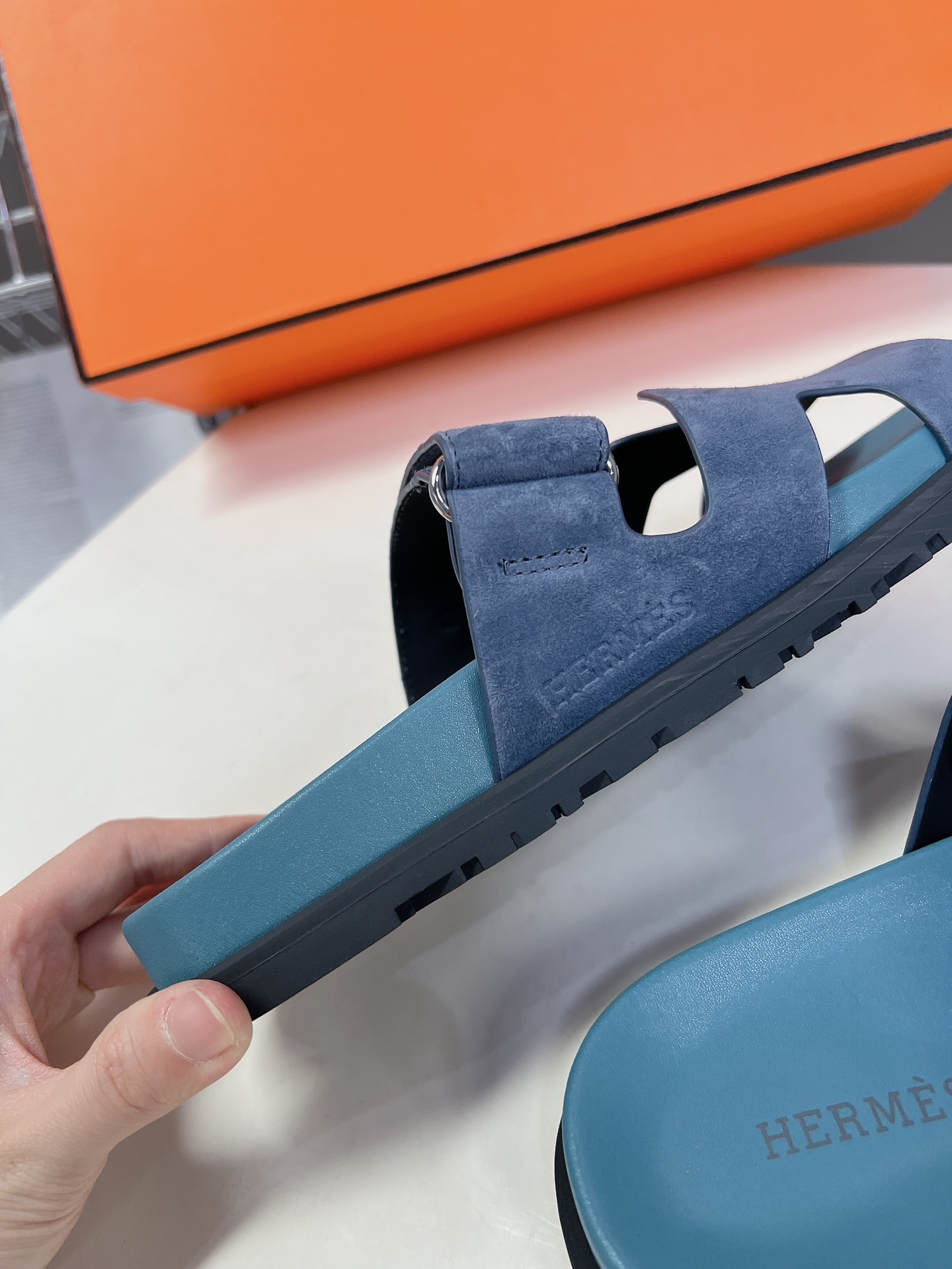 HERMÈS Blue Celeste Suede Women’s Chypre Sandals