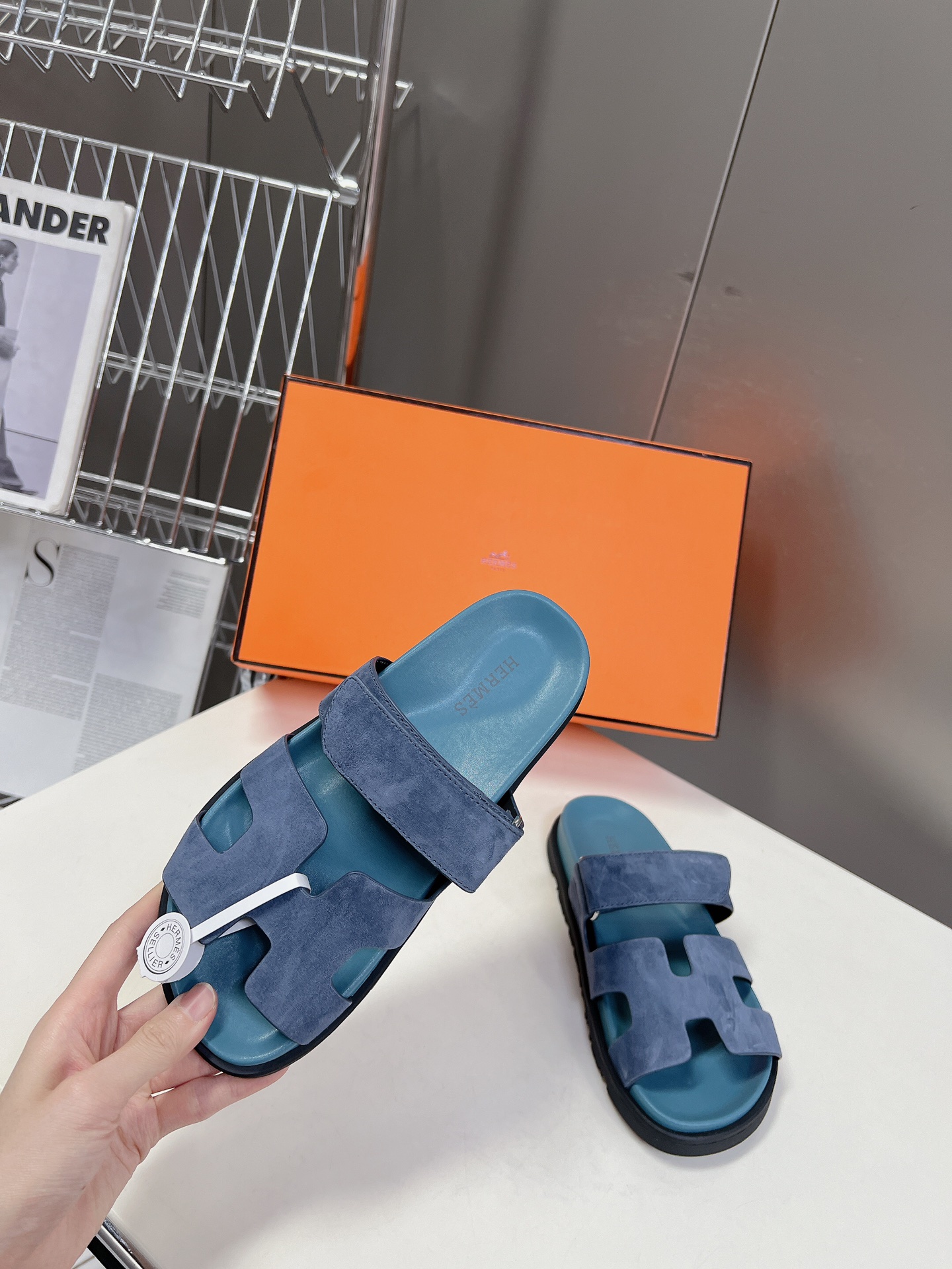 HERMÈS Blue Celeste Suede Women’s Chypre Sandals
