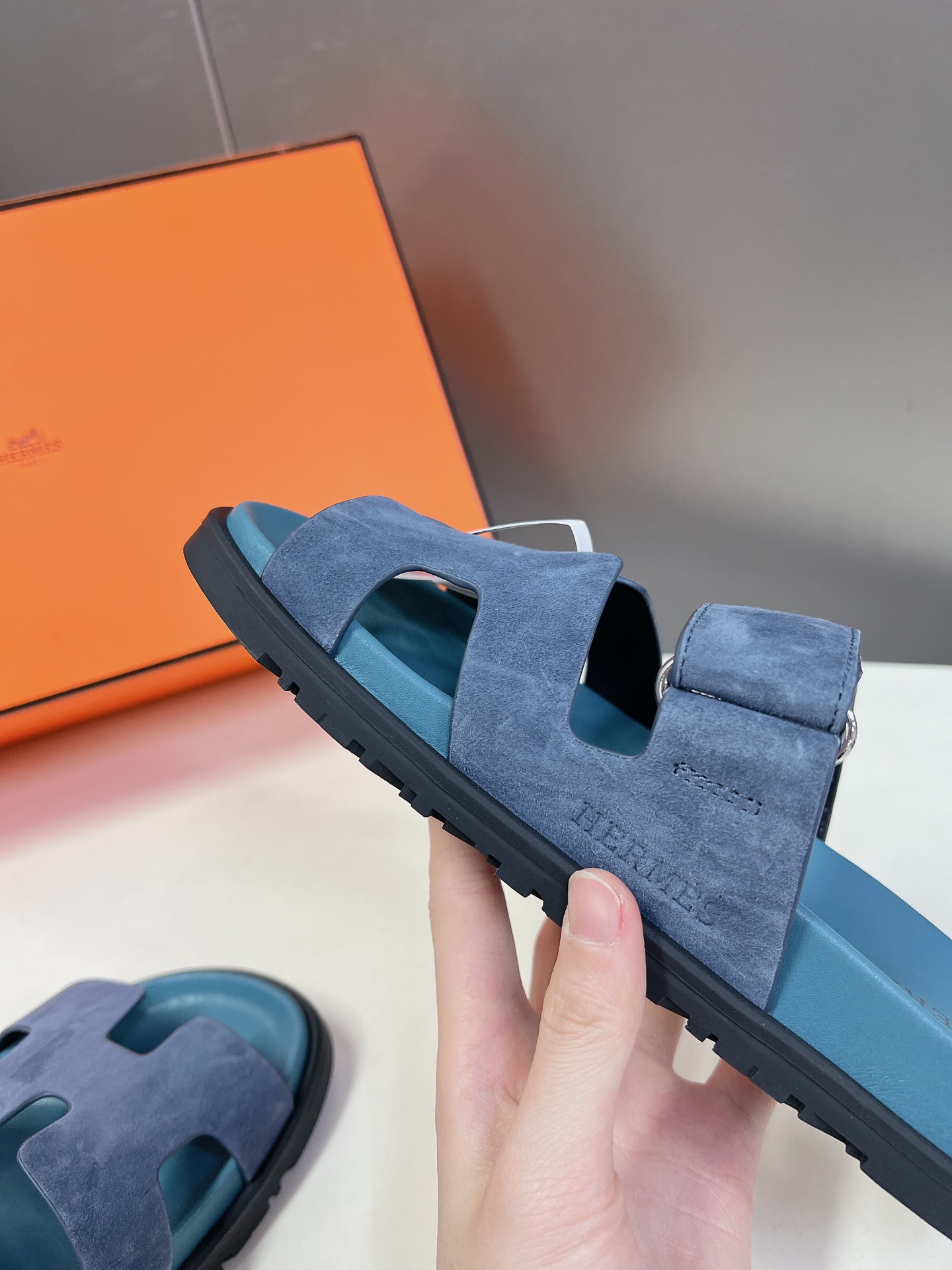HERMÈS Blue Celeste Suede Women’s Chypre Sandals