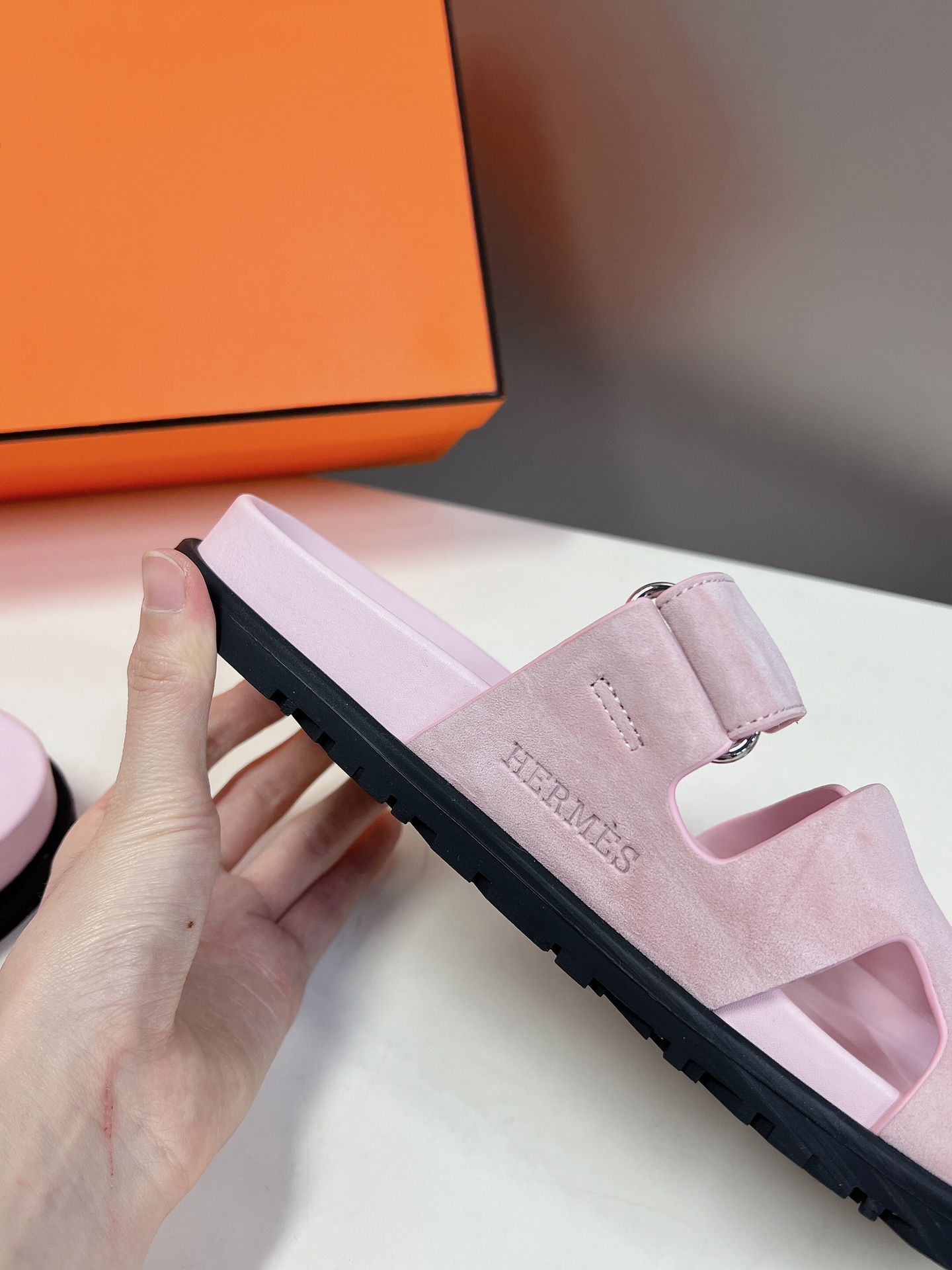 HERMES 01179 Hermes sandals Chypre Rose Porcelain Suede Size