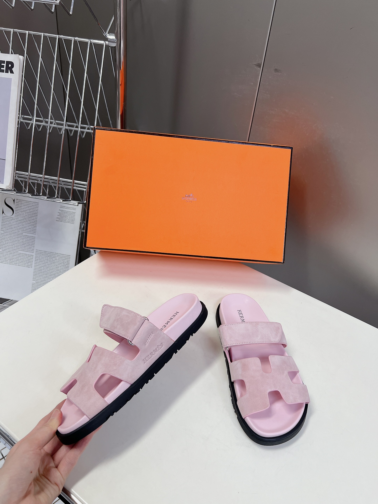 HERMES 01179 Hermes sandals Chypre Rose Porcelain Suede Size