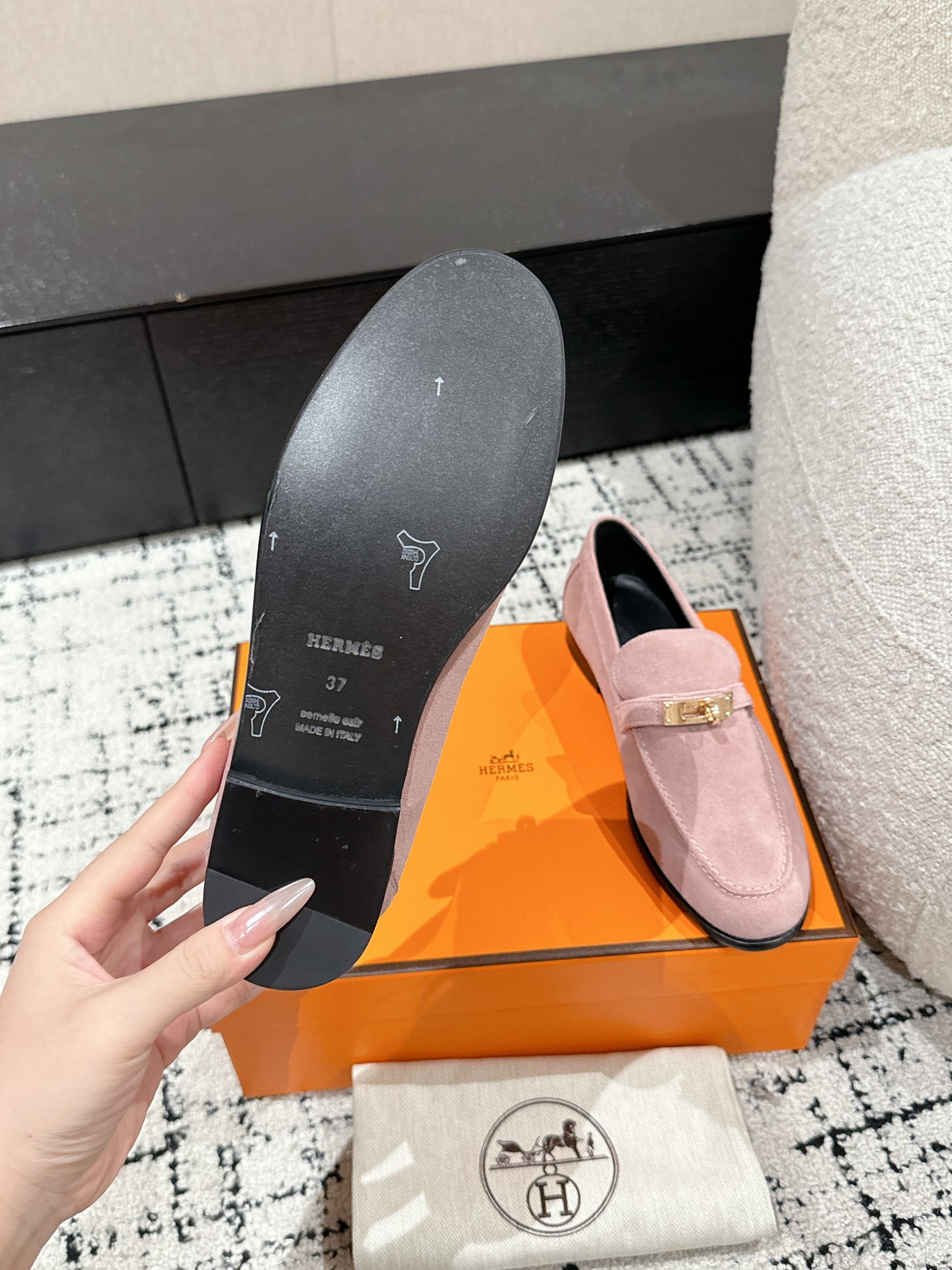 Hermes  Suede Goatskin Womens Destin Loafers  Rose Aube