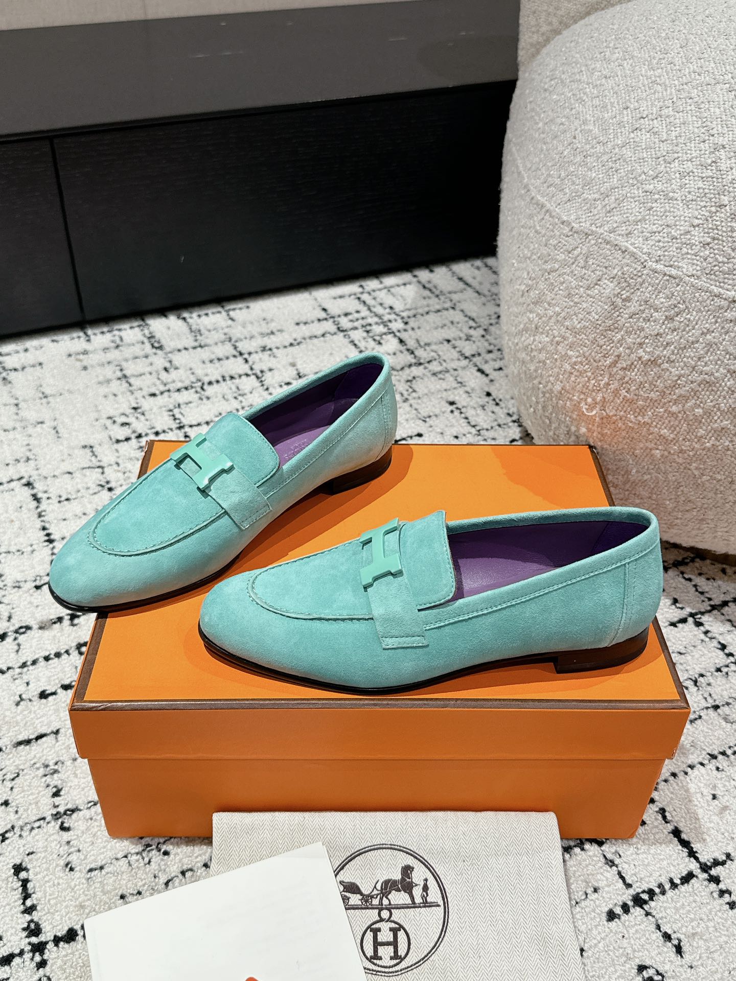 HERMES 01229 Hermès Hermes Paris loafers Vert Embrun Light blue Turquoise