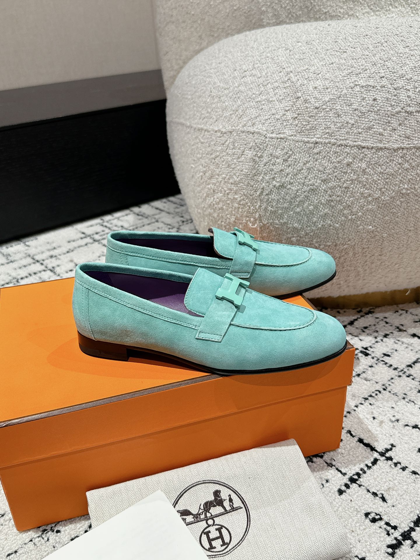 HERMES 01229 Hermès Hermes Paris loafers Vert Embrun Light blue Turquoise