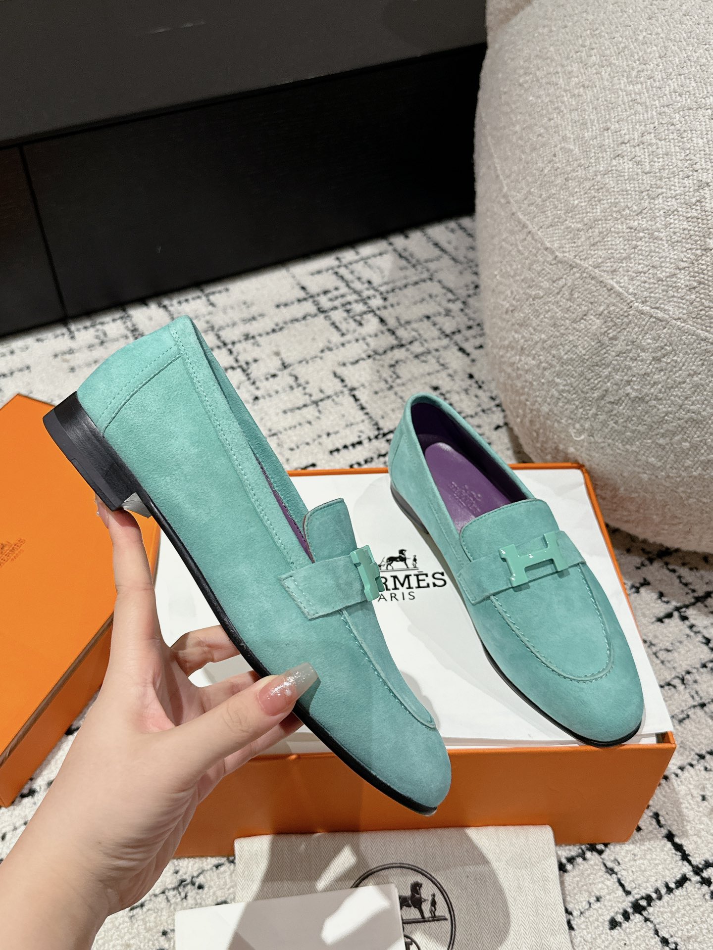 HERMES 01229 Hermès Hermes Paris loafers Vert Embrun Light blue Turquoise