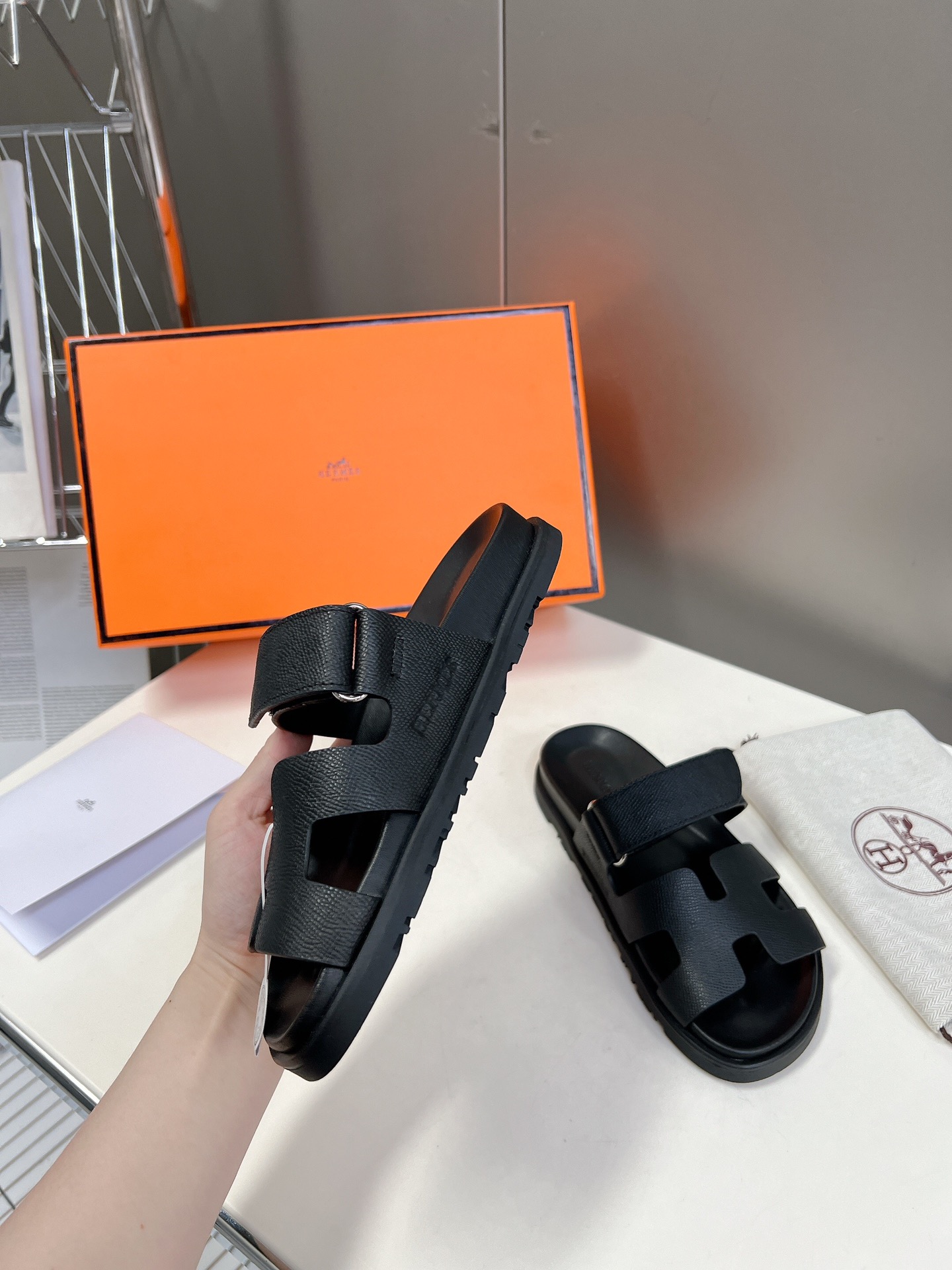 HERMÈS Black Calfskin Women’s Chypre Sandals