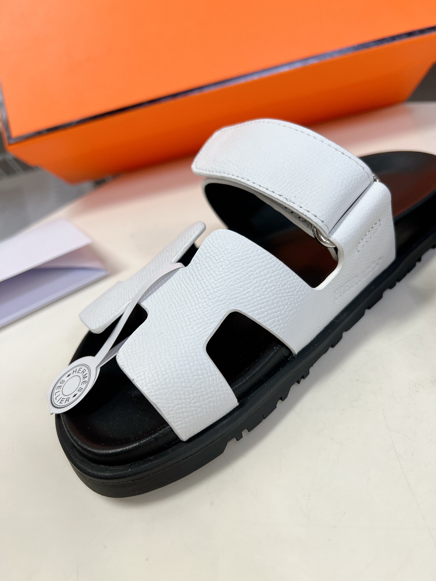 HERMES White Calfskin Women’s Chypre Sandals