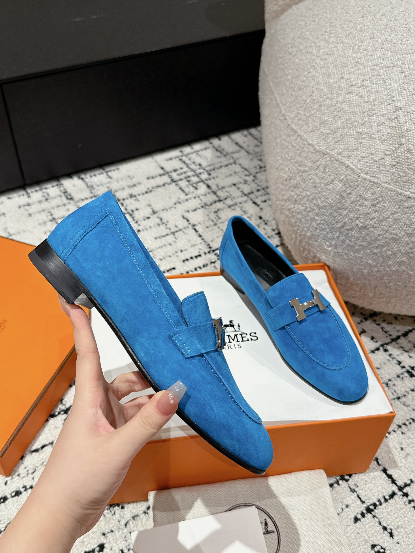 Hermes Hermes Blue Suede Paris Loafers Size