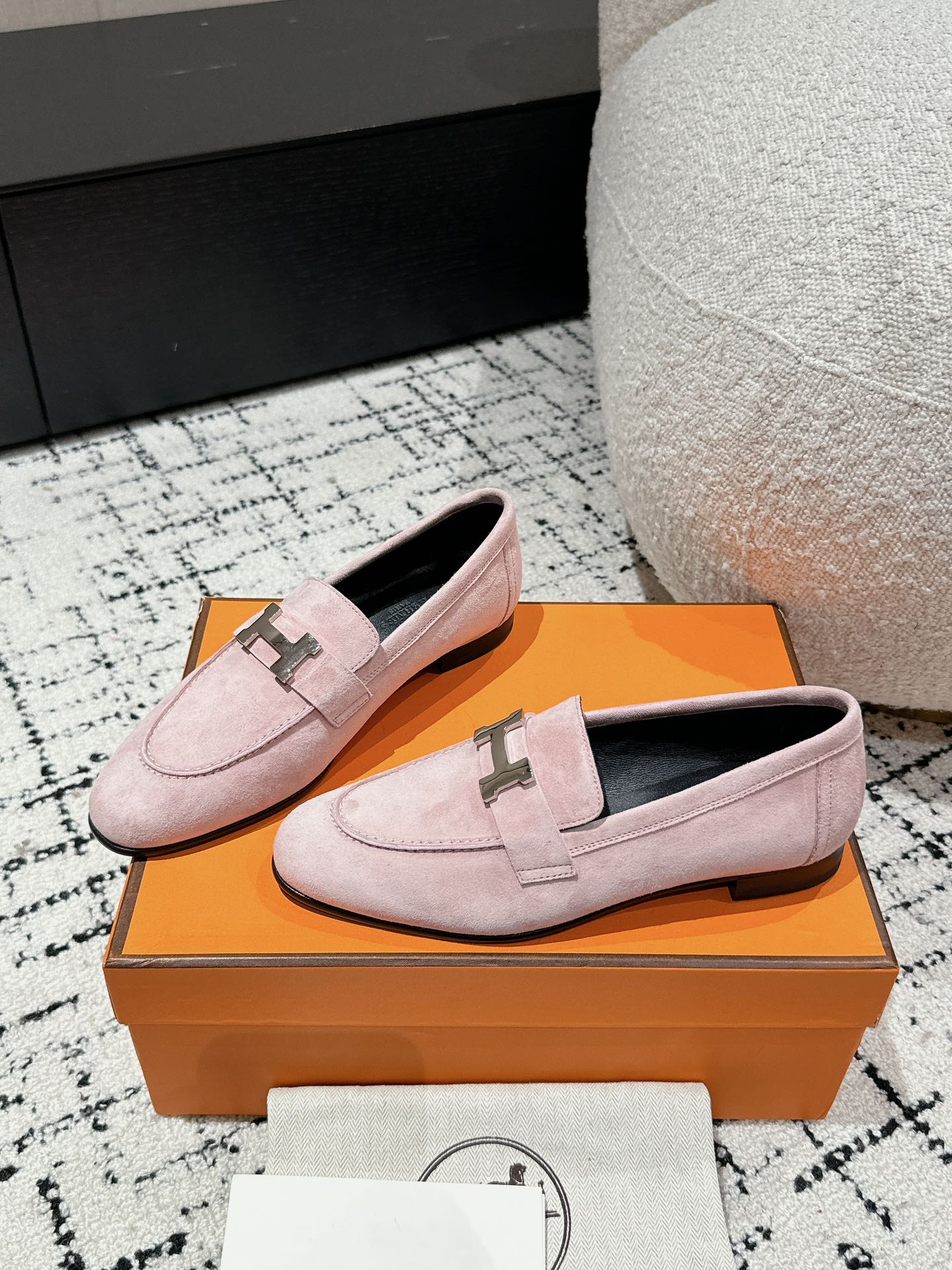 Hermes  Suede Goatskin Paris Loafers  Rose Porcelaine Sold Out