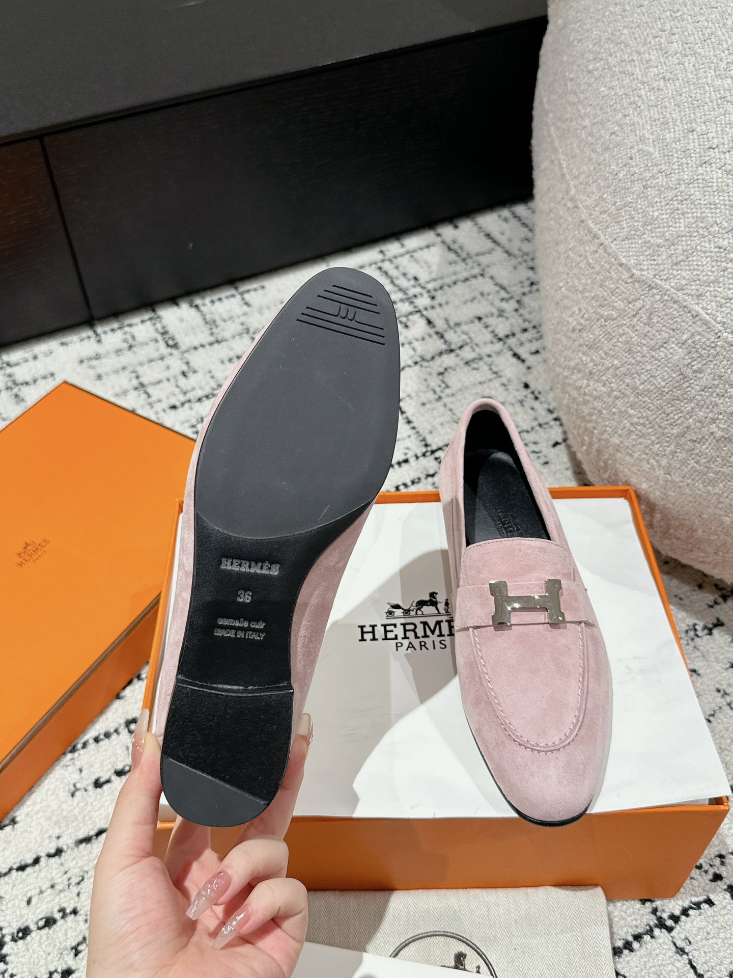 Hermes  Suede Goatskin Paris Loafers  Rose Porcelaine Sold Out