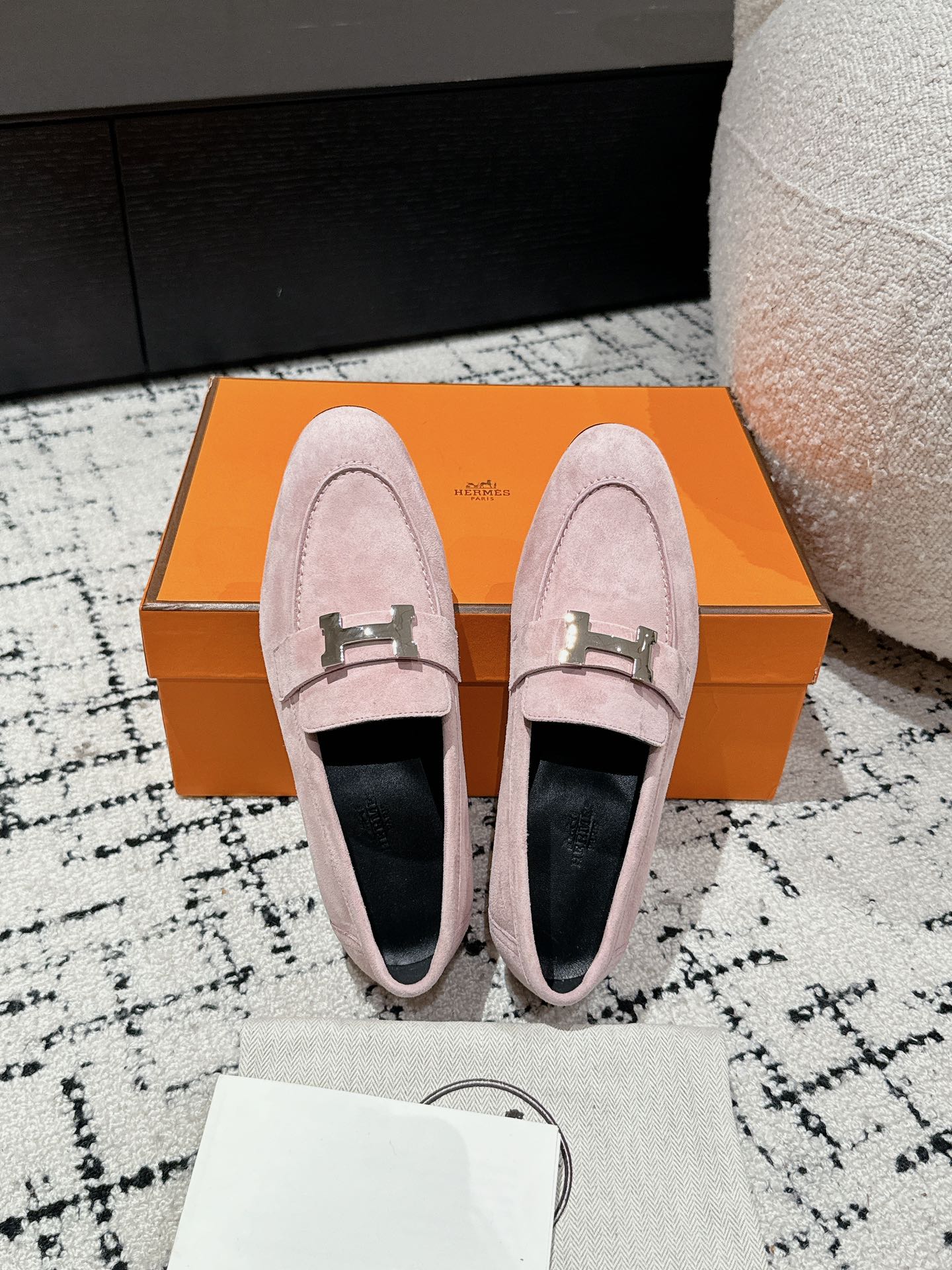 Hermes  Suede Goatskin Paris Loafers  Rose Porcelaine Sold Out