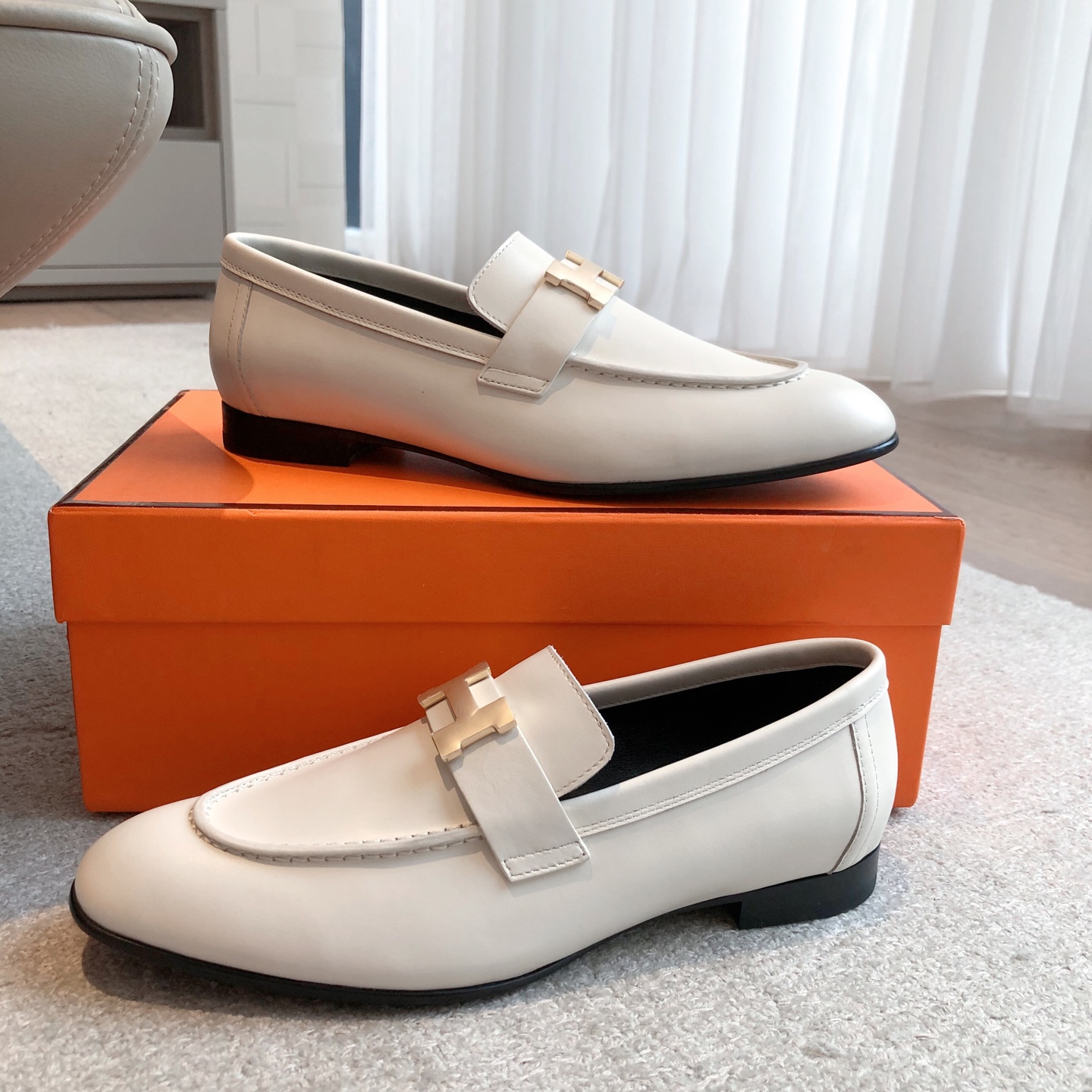 Women's White Leather Hermes Tassel Loafers with Gold H Logo