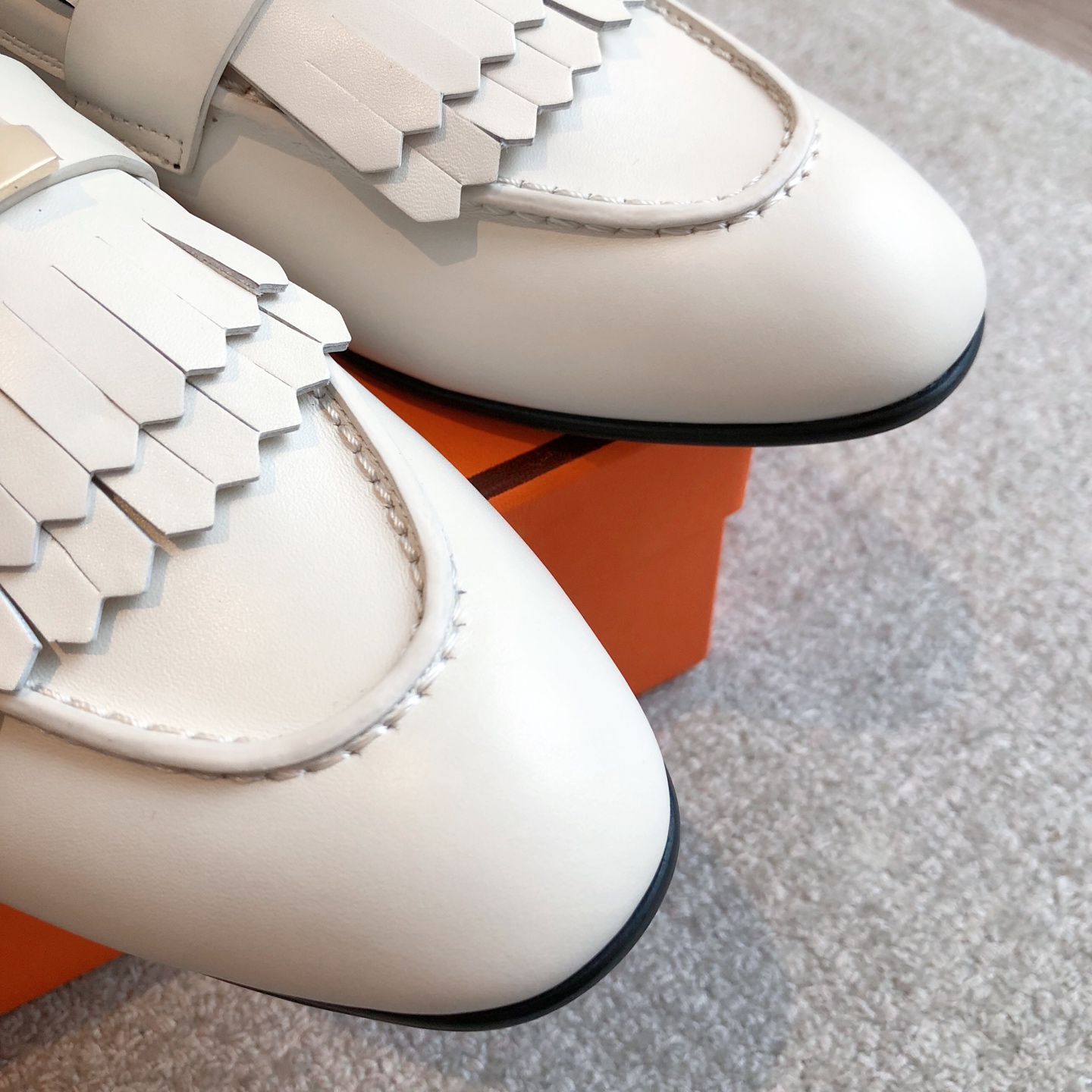 Women's White Leather Hermes Tassel Loafers with Gold H Logo