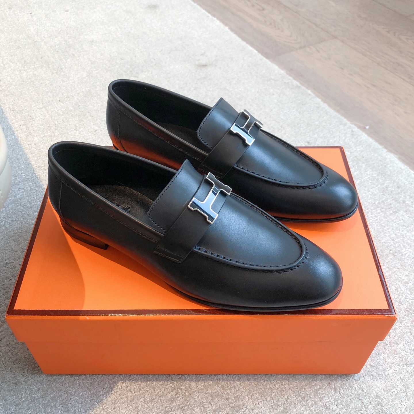 HERMES Mocassins Paris loafers Leather Black