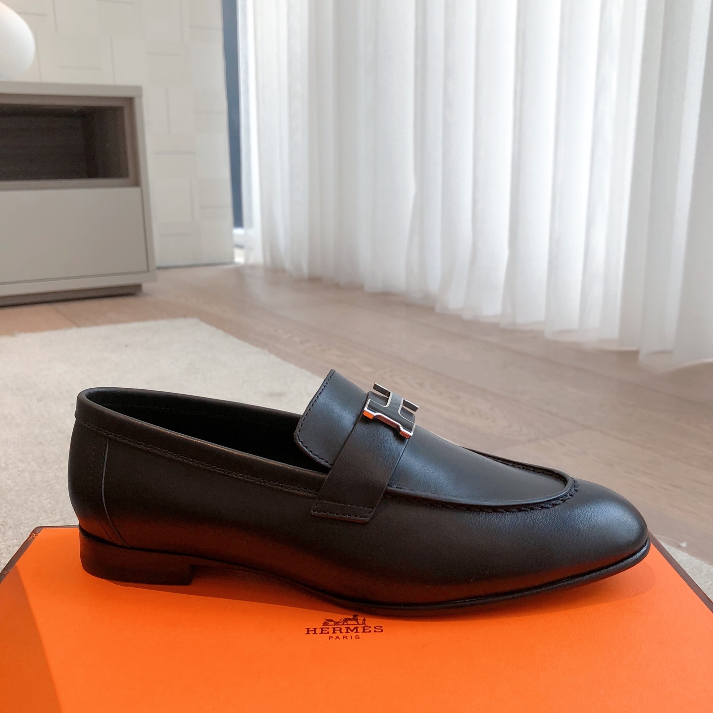 HERMES Mocassins Paris loafers Leather Black
