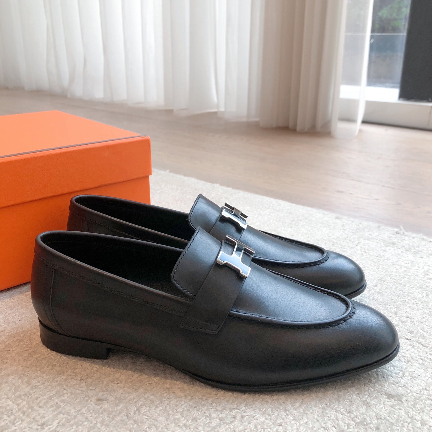 HERMES Mocassins Paris loafers Leather Black